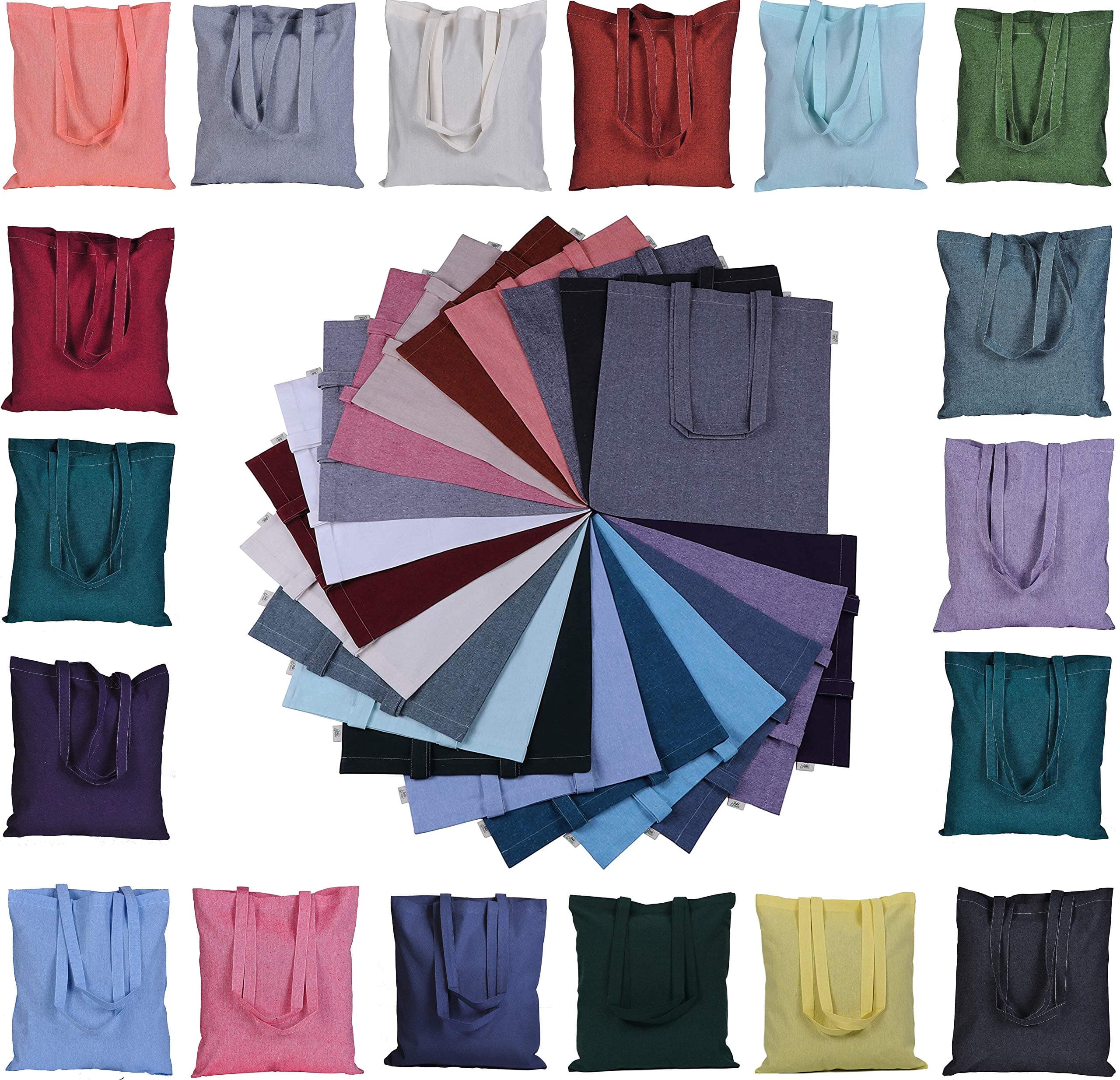 ATMOS GREEN 12 pack 15 X 16 inch with long handle ASSORTED Colors 5.5 oz Recycled cotton canvas reusable grocery bags eco friendly super strong MADE in INDIA