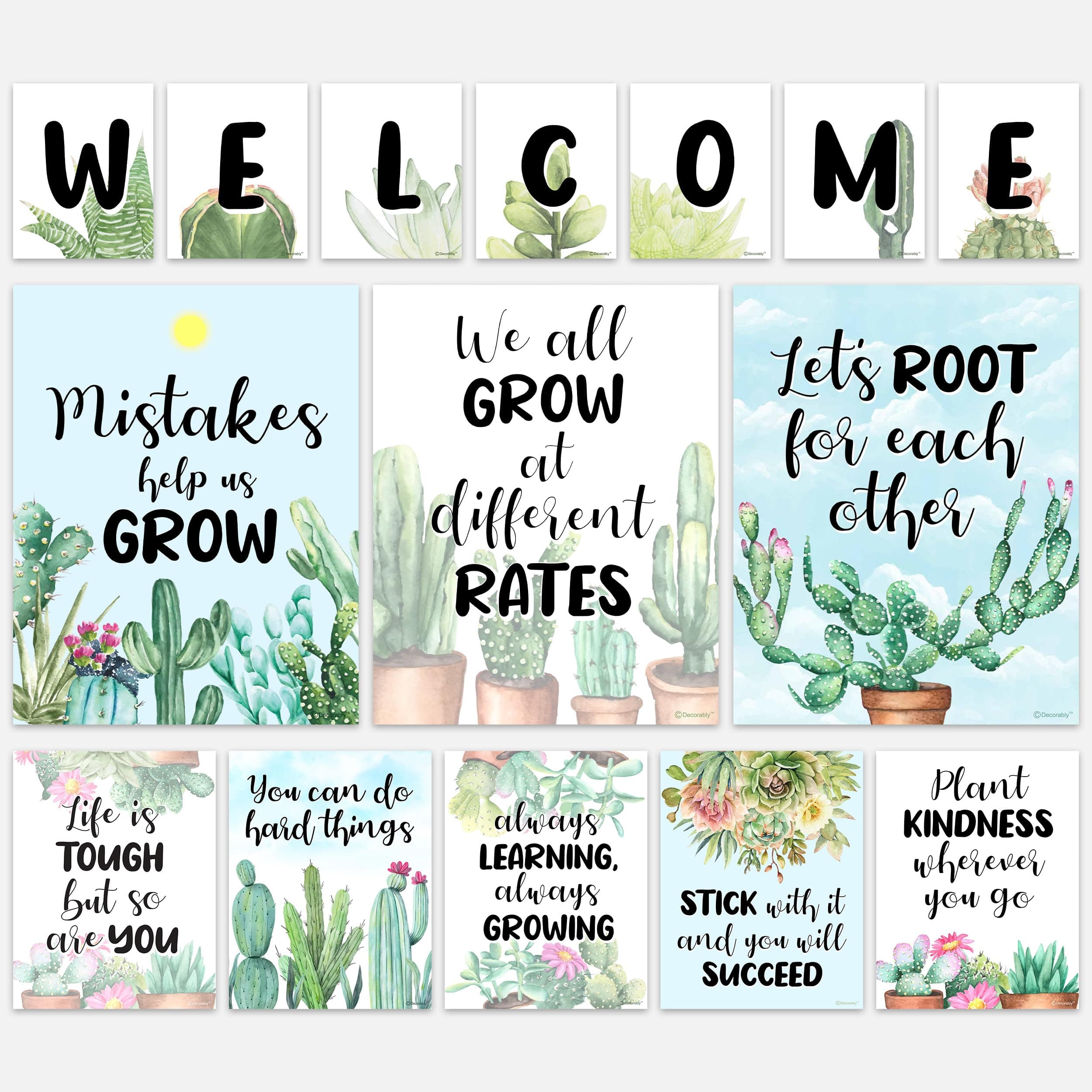 Decorably Welcome Sign for Classroom Door - 15 Welcome Classroom Decorations, Welcome Bulletin Board Set, Welcome Poster for Classroom Door, Classroom Welcome Signs, Succulent Welcome Sign Classroom