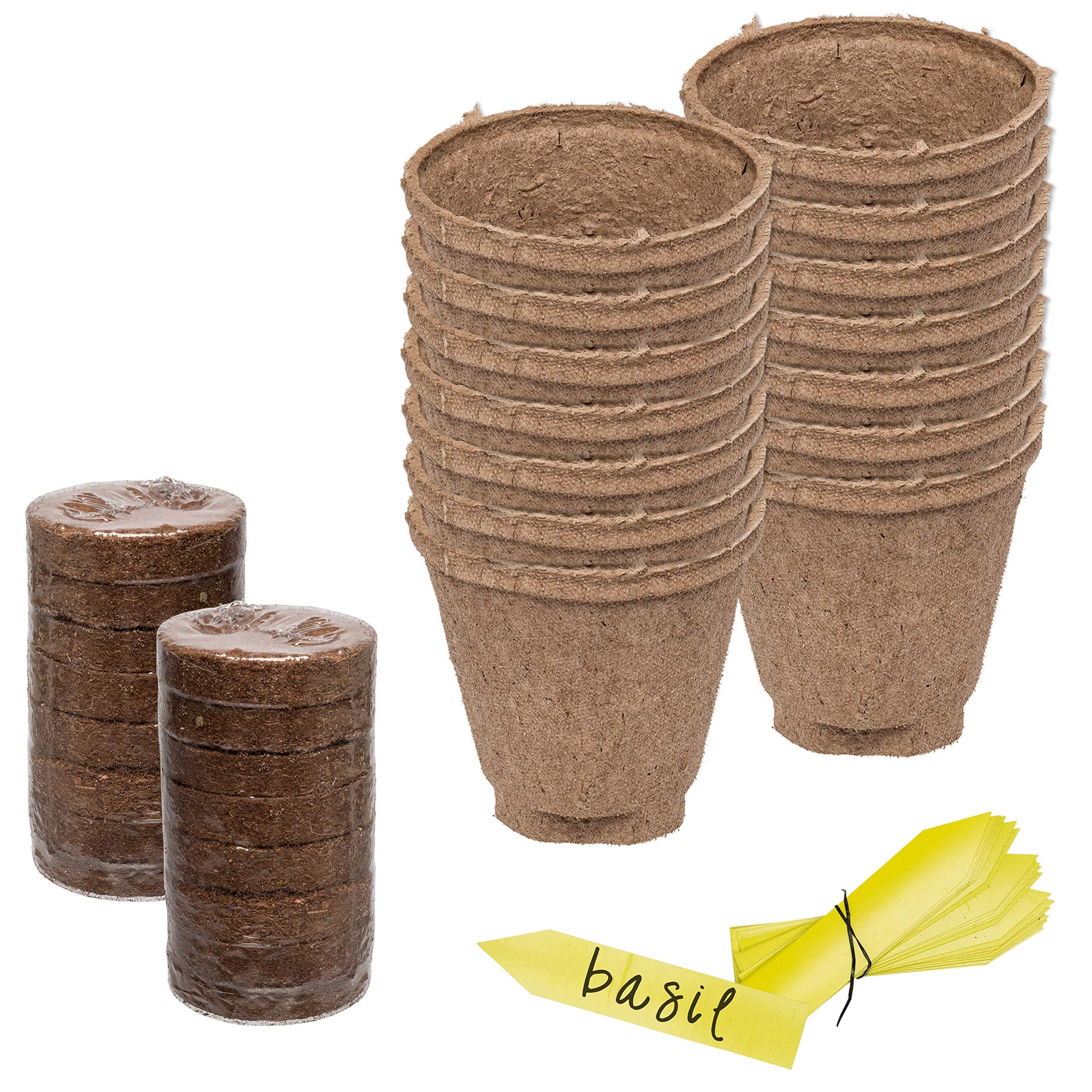 Easy Seedling Container Starter Pack | 16 Peat Pellet Disks, 16 Extra Large Peat Pots & 16 Easy Label Tags | Professional Grade Germination Pots & Soil for Healthy Plants & Herbs