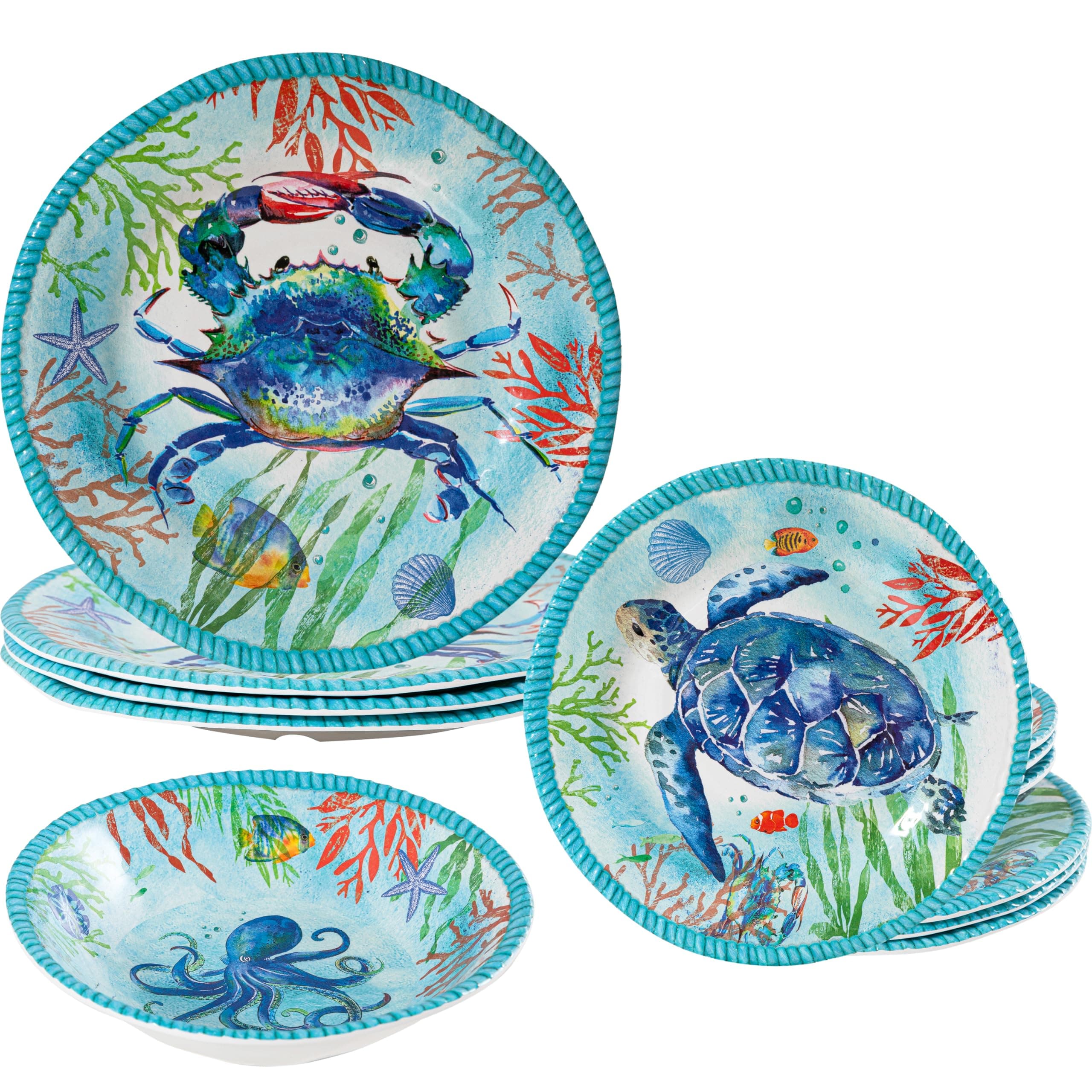 Melamine 12 pcs Dinnerware Set,Ocean Theme Plates and Bowls Sets, Coastal Dishes Dinnerware set, Service for 4, Dishwasher Safe