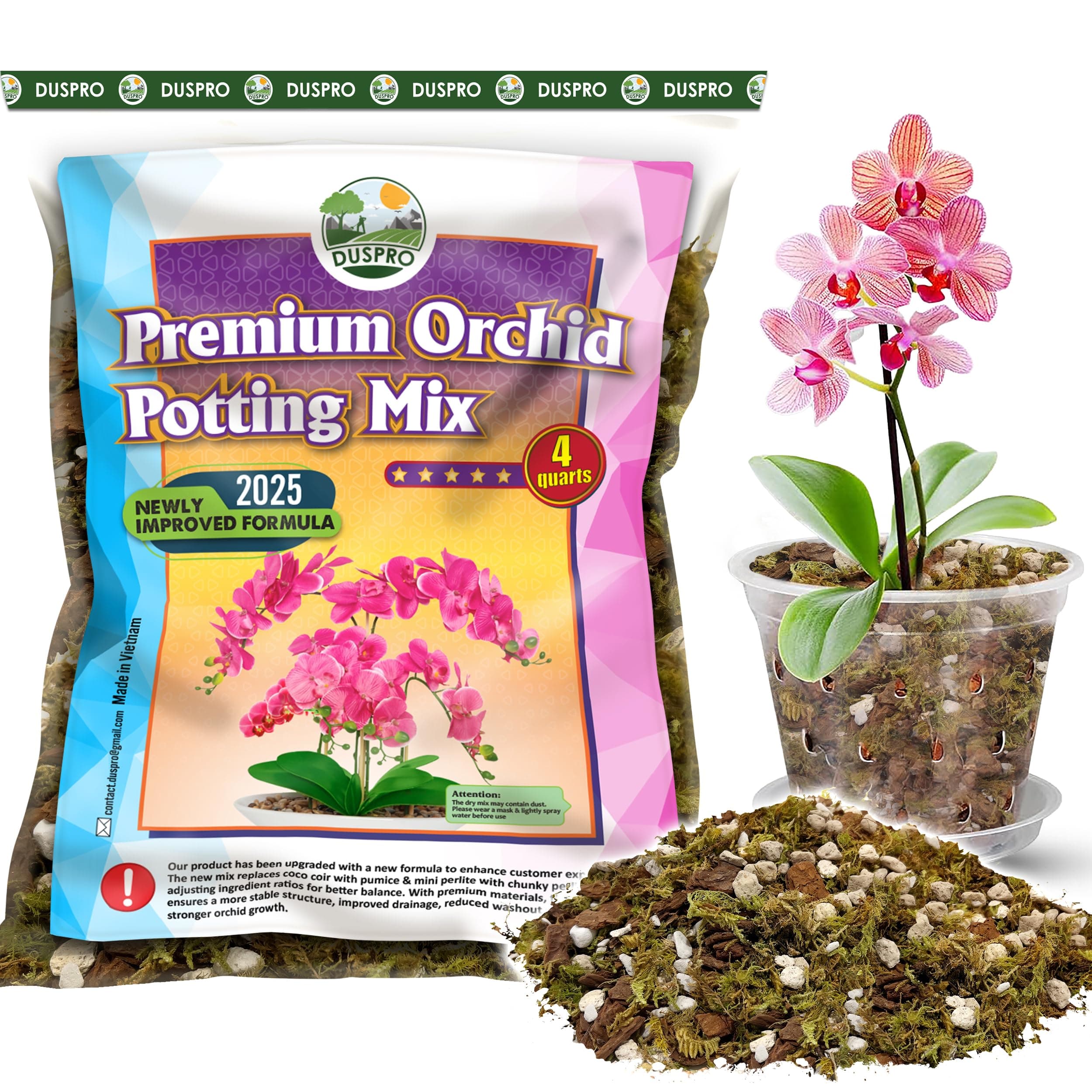 [Upgraded] DUSPRO Orchid Potting Mix for Repotting with Forest Moss, Pine Bark, Perlite & Pumice, Orchid Bark Potting Mix,Orchid Repotting Soil, Drainage Indoor Potting, Orchid Pot Not Included, 4 QT
