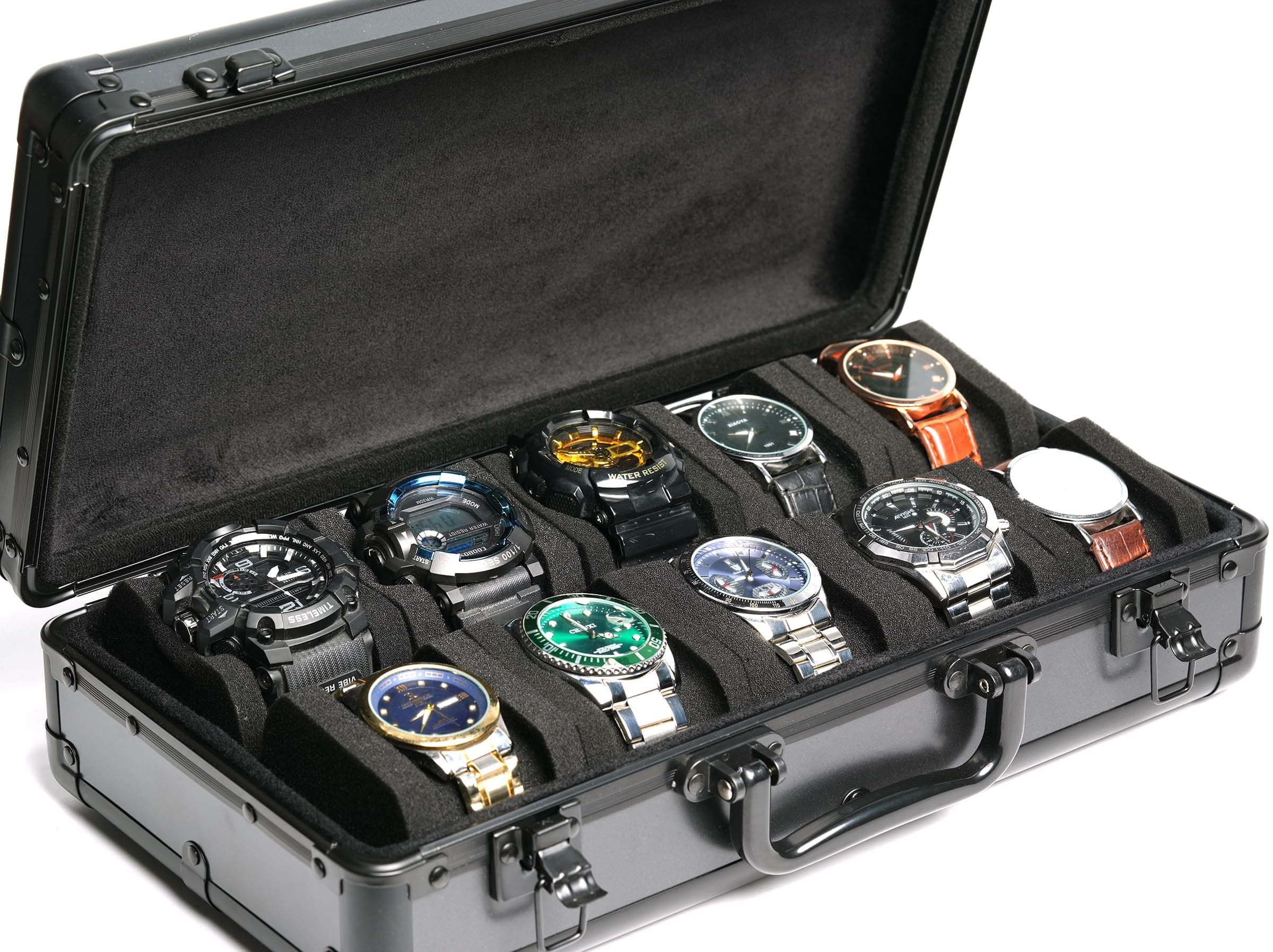 10 slots Aluminum watch organizer Travel Case, Hard Carry Case Storage and Organizer for Men and Women, with anti-move watch pillow (Black 10 slots)
