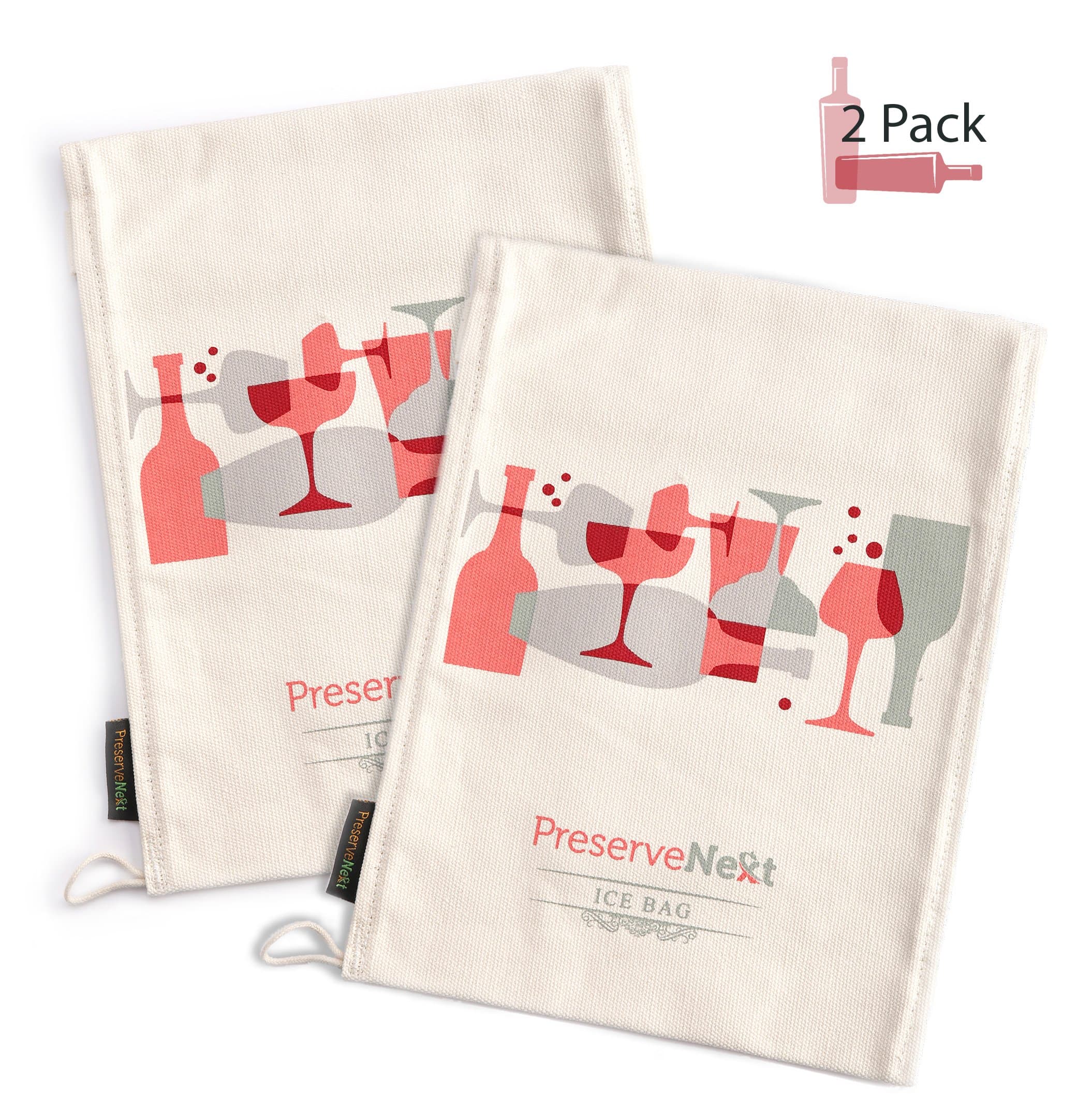PreserveNext Professional Grade (9.0" x 14.5”) Reusable Lewis Canvas Ice Bag / Ice Crusher - Retro Style for Mixologists - Flutes & Wine Bottle Print – Large (2 Pack)