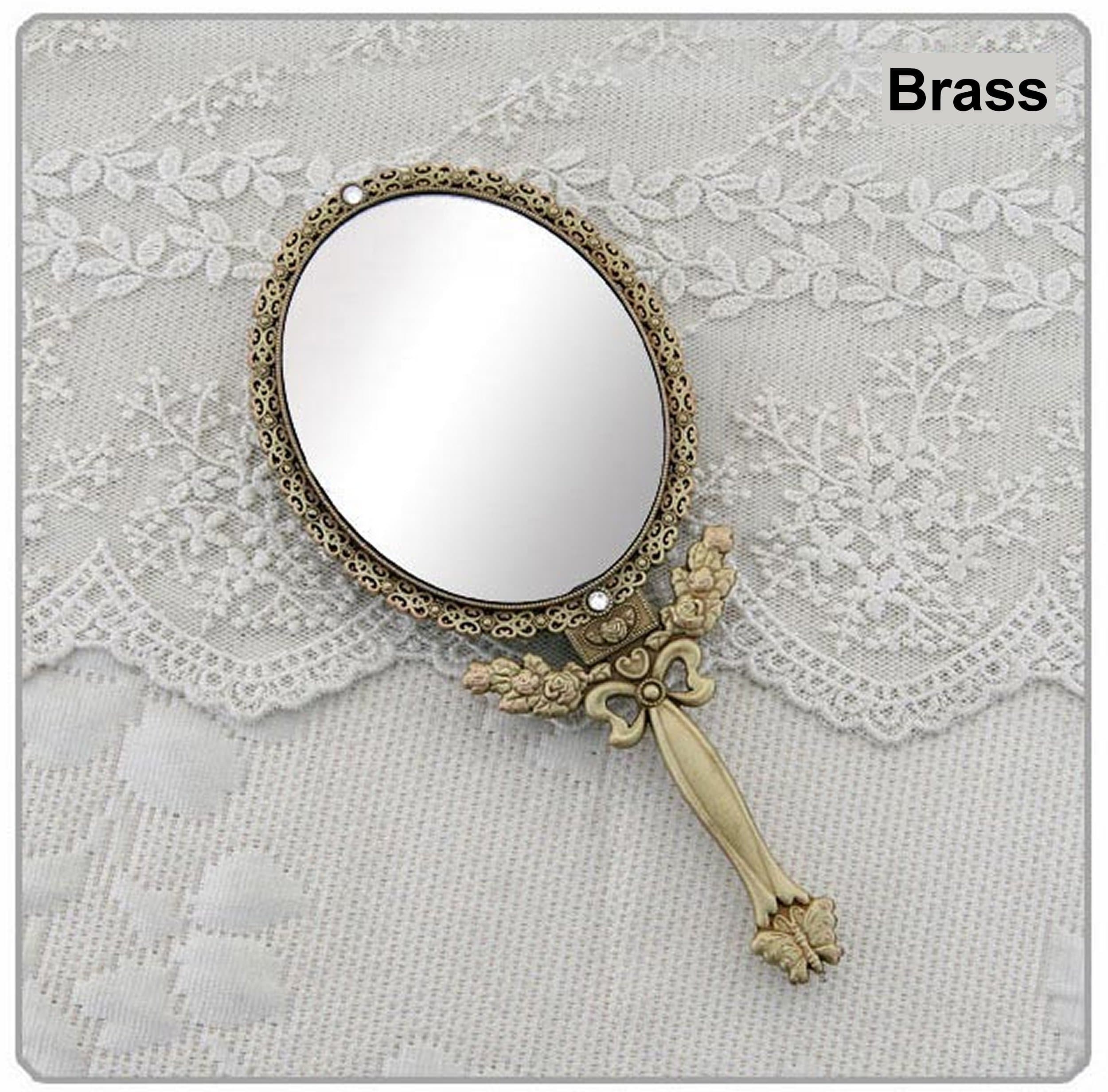 SEHAMANO Butterfly Designed Double Sided Magnification Hand Held Makeup Metal Mirror Folding Handle Stand Travel Mirror (Medium, Brass)