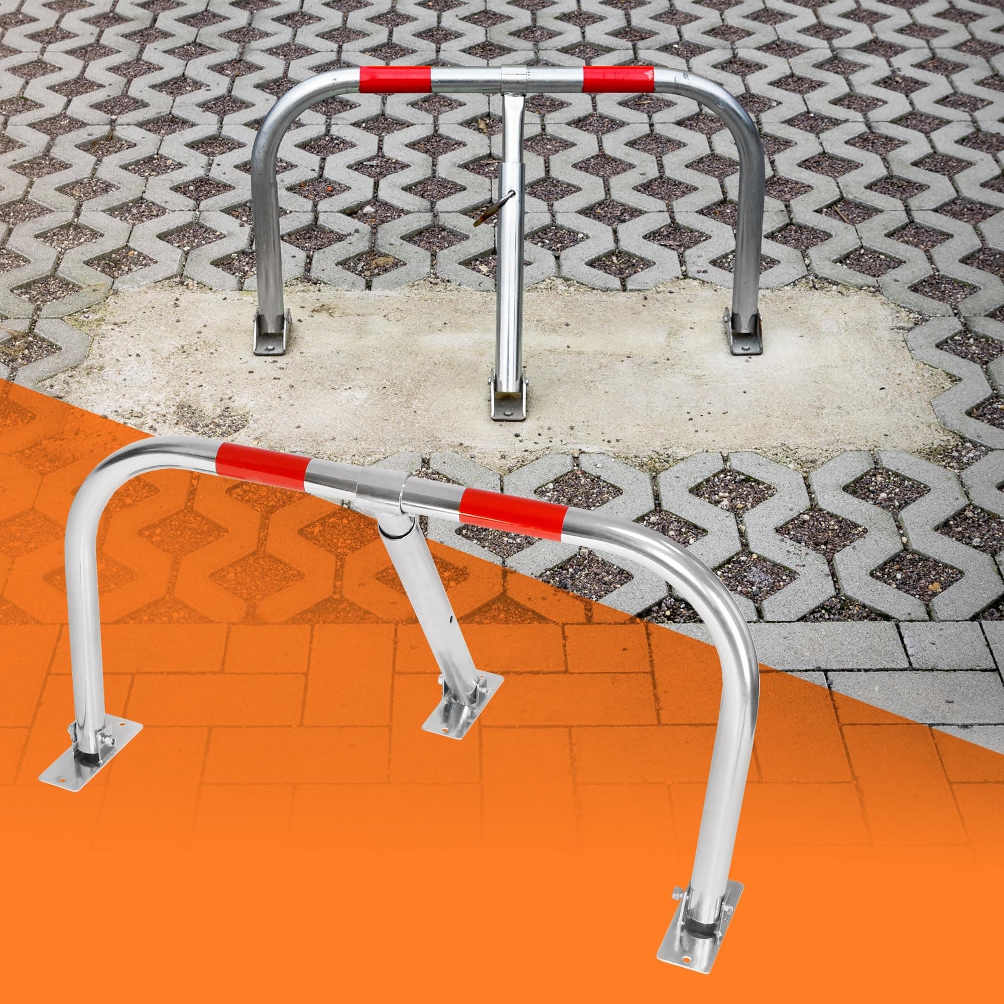 ECD Germany Folding Parking Block Barrier Lock - 80 x 45 cm Ø35mm - Post Bollard Foldable Triple Leg Safe Pole with 3 Keys and Red Marking Strips Manual Car Park Blocker Space Saver