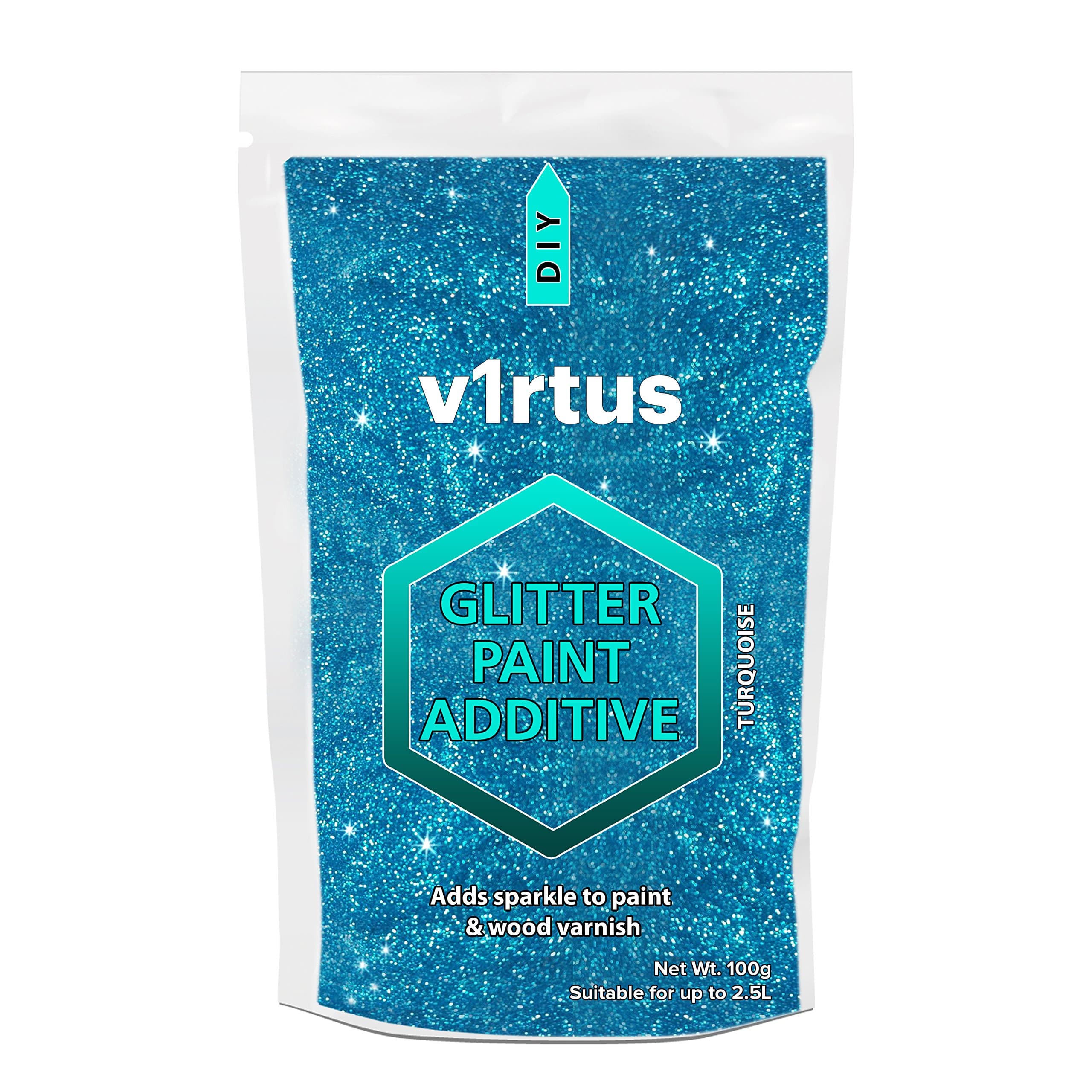 v1rtus Glitter Paint Additive - Turquoise Blue | Metallic Flakes for Adding Sparkle to Paints & Wood Varnish | Add to Emulsion, Acrylic & Latex for Indoor Sparkly Walls | 100 g