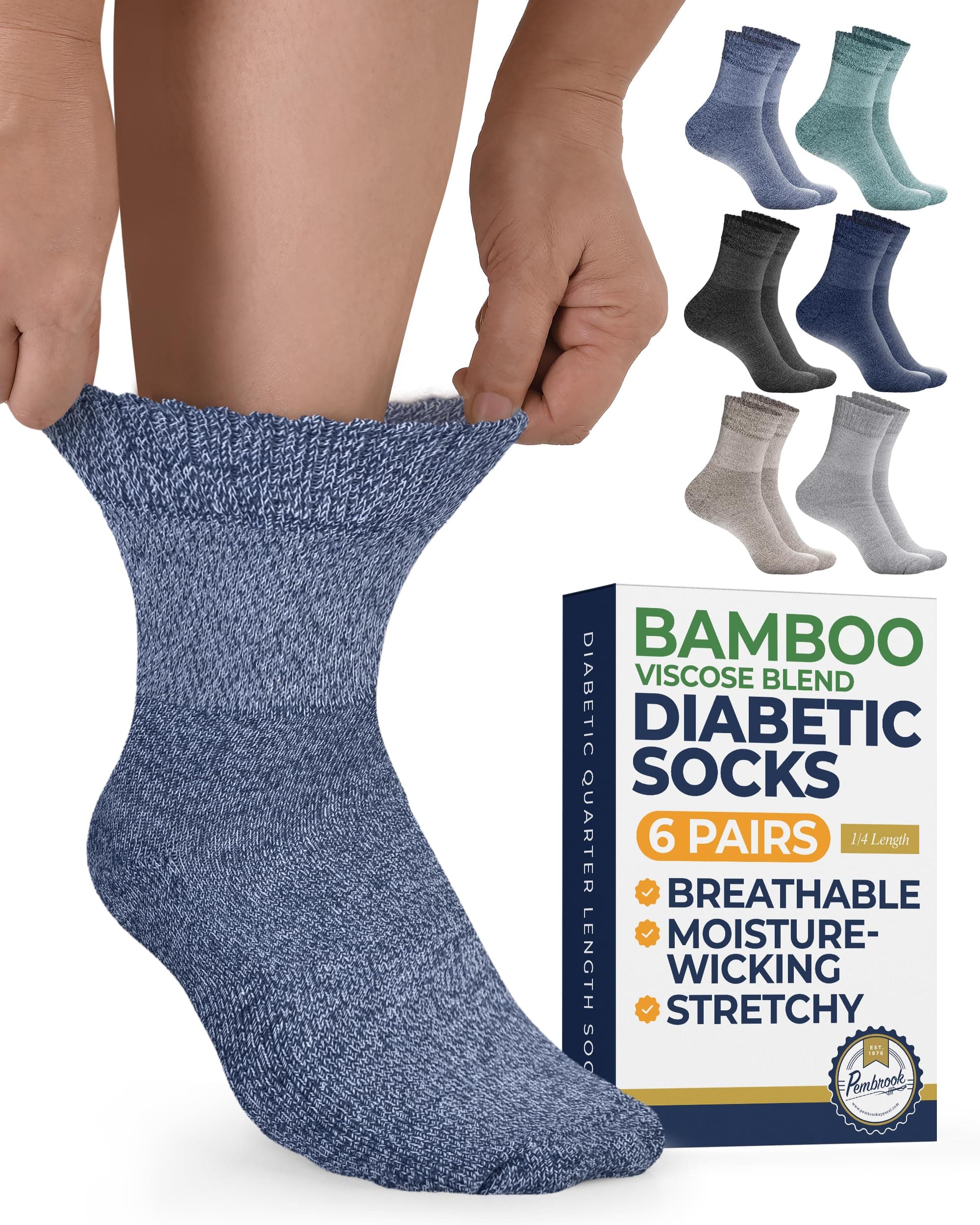Pembrook Bamboo Viscose Diabetic Socks for Women & Men - 6 Pairs Ankle Socks for Swollen Feet | Neuropathy Socks