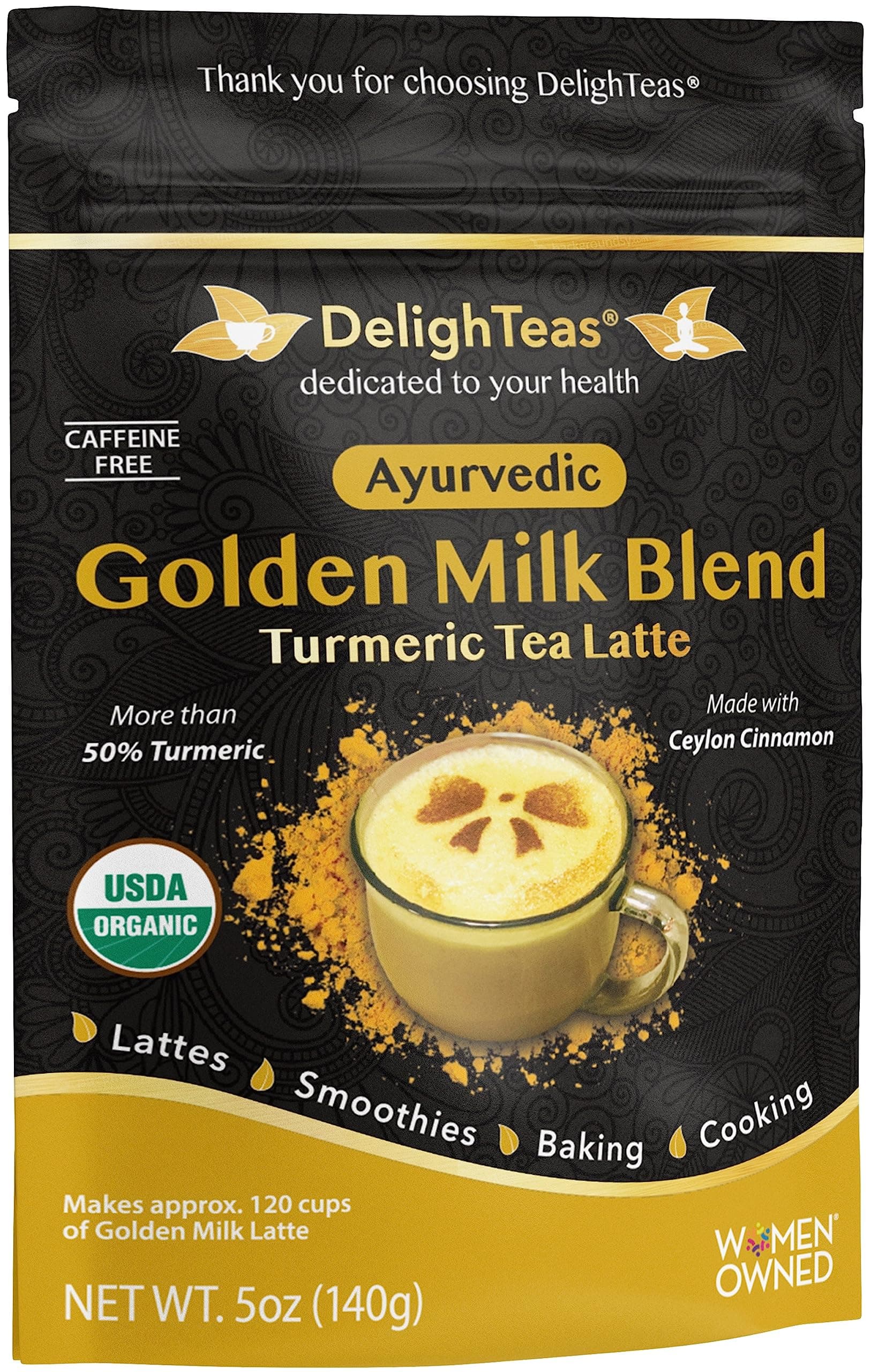 A&I Nutreats Anti-Inflammatory Ayurvedic Organic Golden Milk Powder, Turmeric, Ceylon Cinnamon, Ginger and Black Pepper for Organic Vegan Latte Recipe (5 oz)
