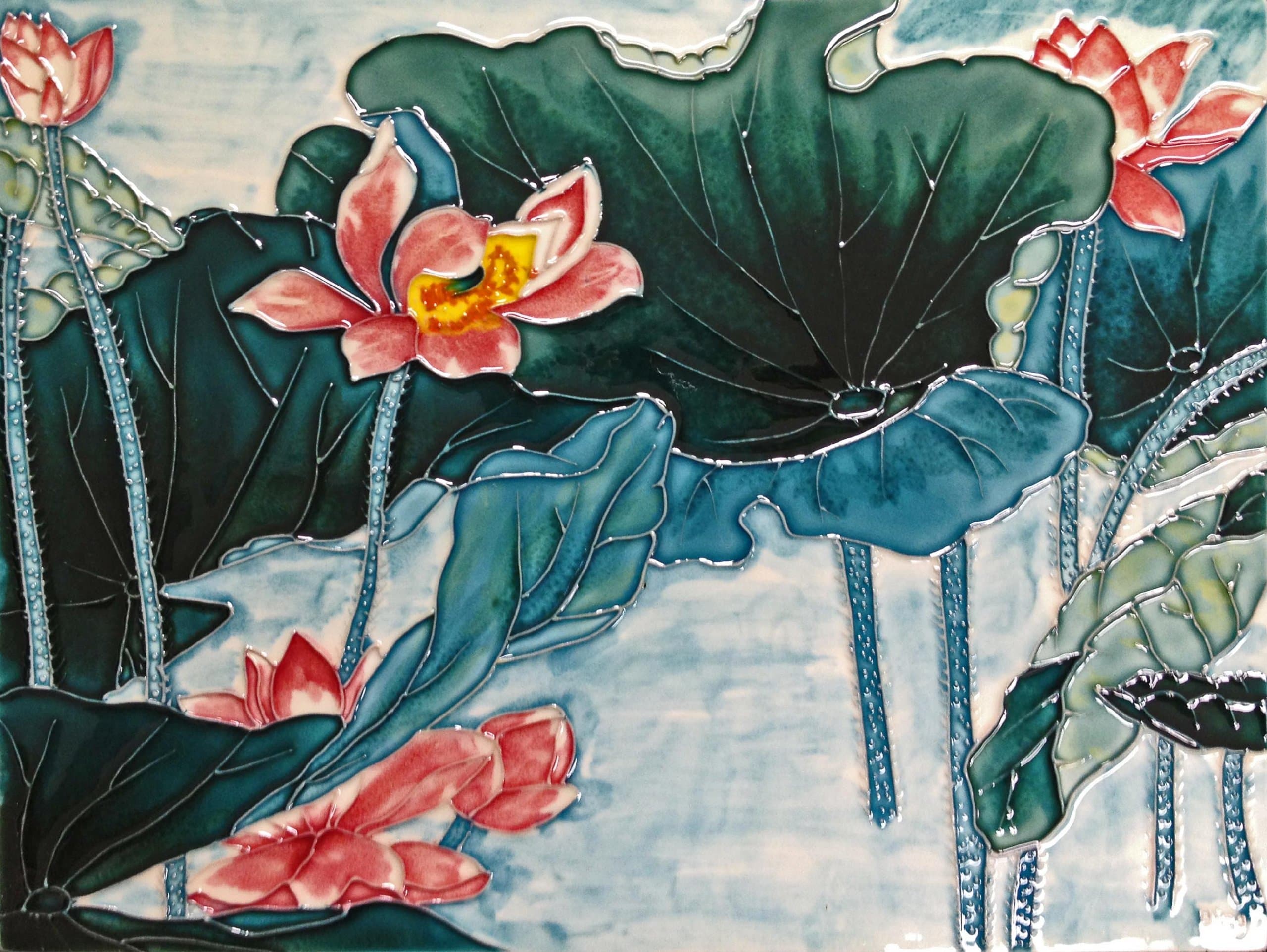 Continental Art Center AD-0147 12 by 16-Inch Teal Color Lotus Pond Ceramic Art Tile