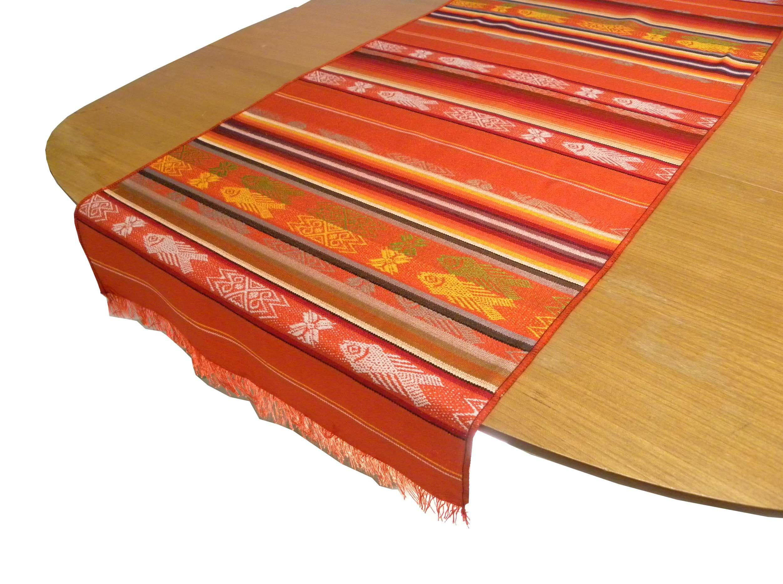Minga Serape Hand Woven Traditional Fish Pattern on Table Runner, Orange