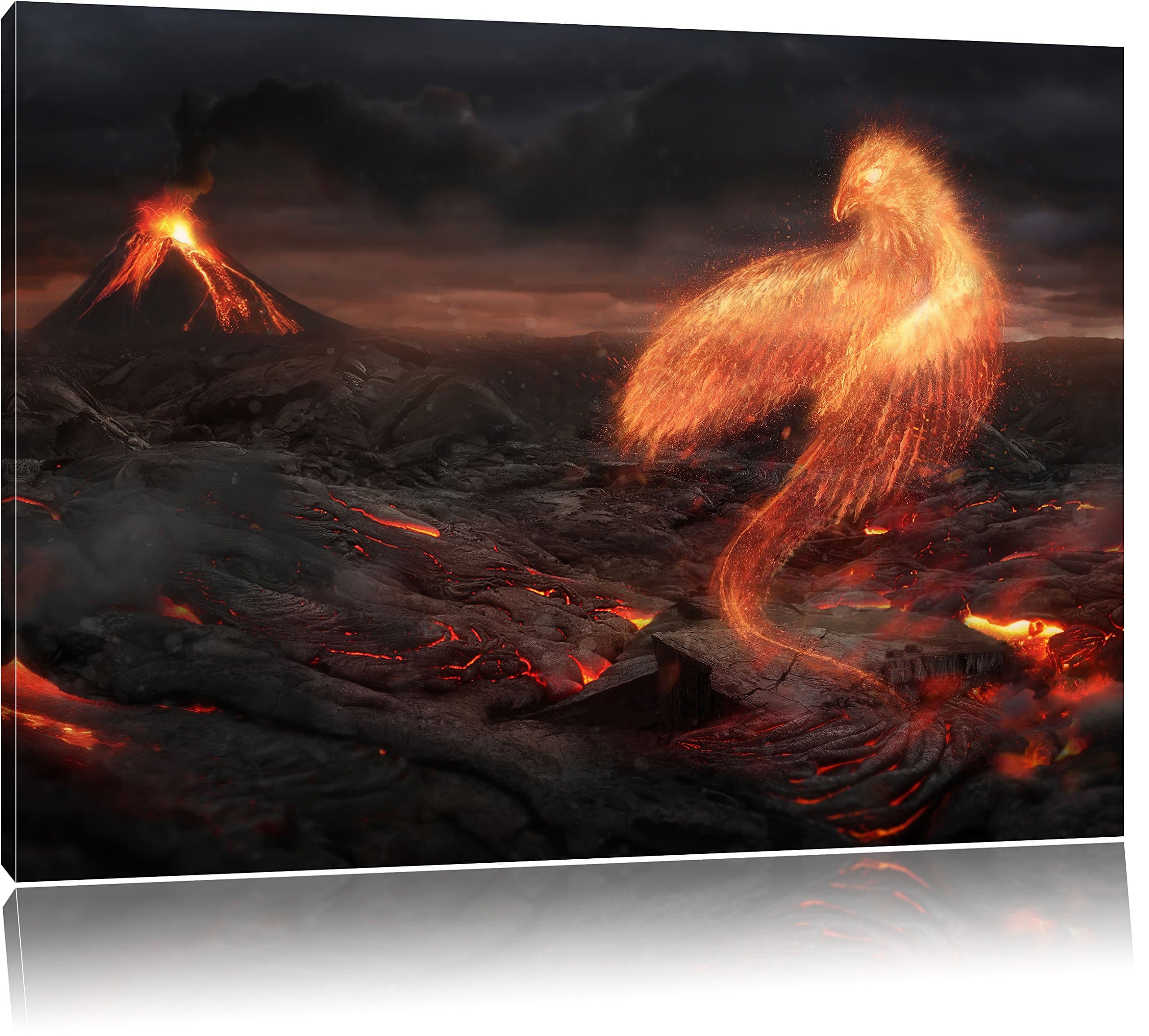 burning phoenix volcanic landscape canvas picture | size: 80x60 cm | Mural | Art Print | ready covered