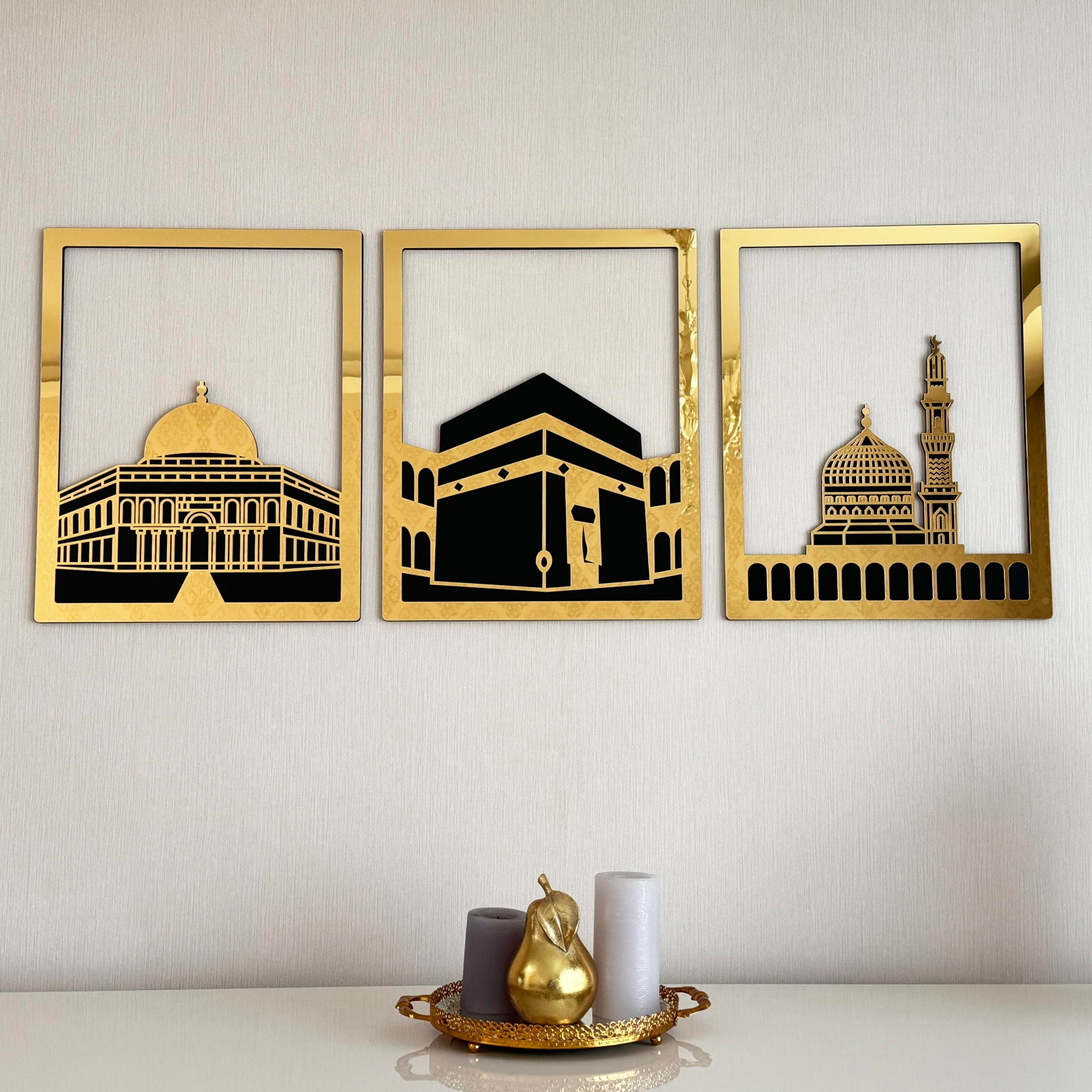 iwa concept Masjid Al Aqsa, Masjid Al-Haram & Masjid An-Nabawi Islamic Wall Art | Wooden Acrylic Kaaba Wall Decor | Ramadan Decoration | Muslim Gift | (Small, Gold | All Three)