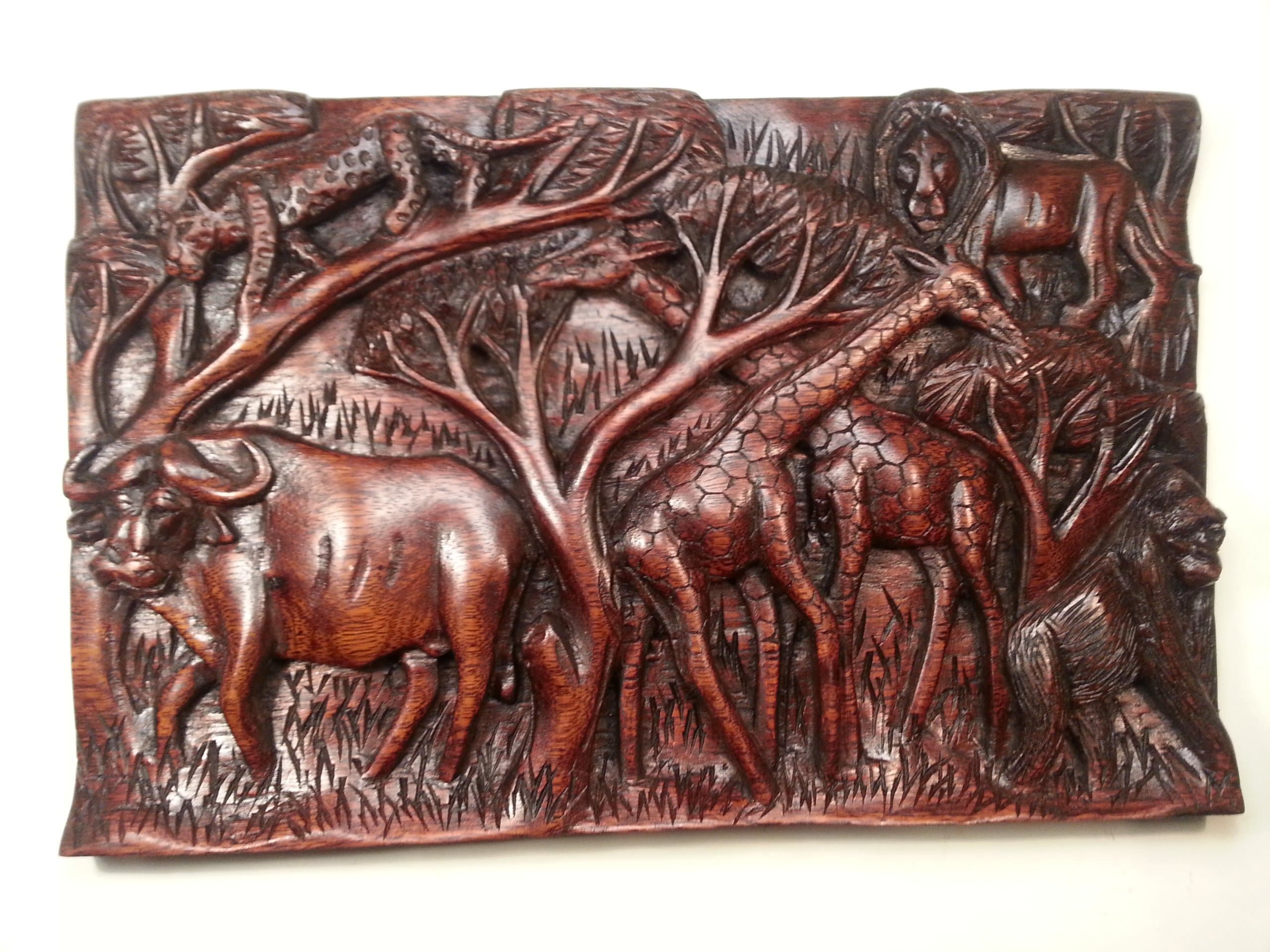 African Wooden Hand Carved Plaque: Leopard, Lion, 2 Giraffes, Gorilla and Buffalo