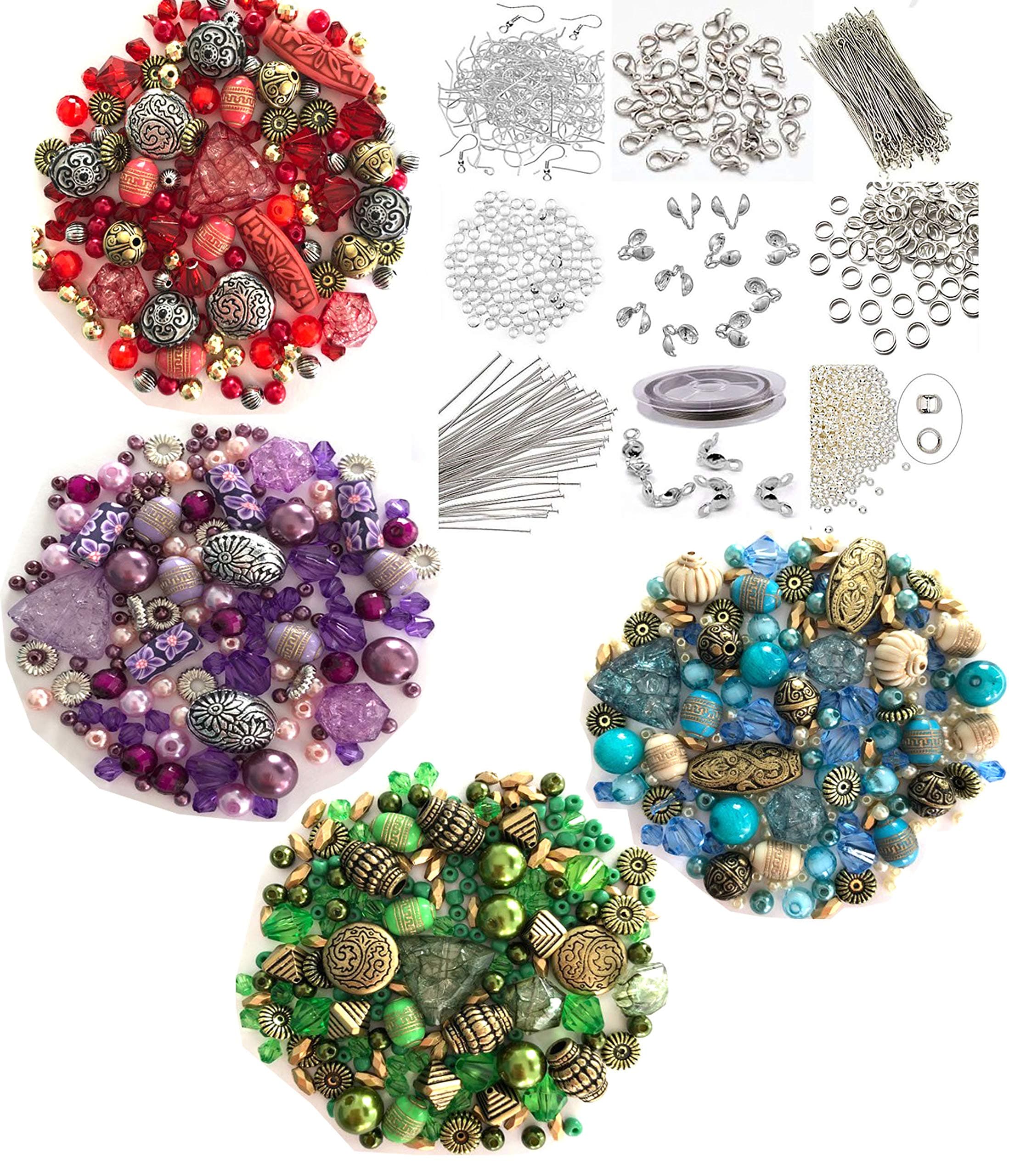 Approx X 400 Jewelry Making Beads Mix Starter Kit for Beginners in Purple Gold & Green Jewelry Findings