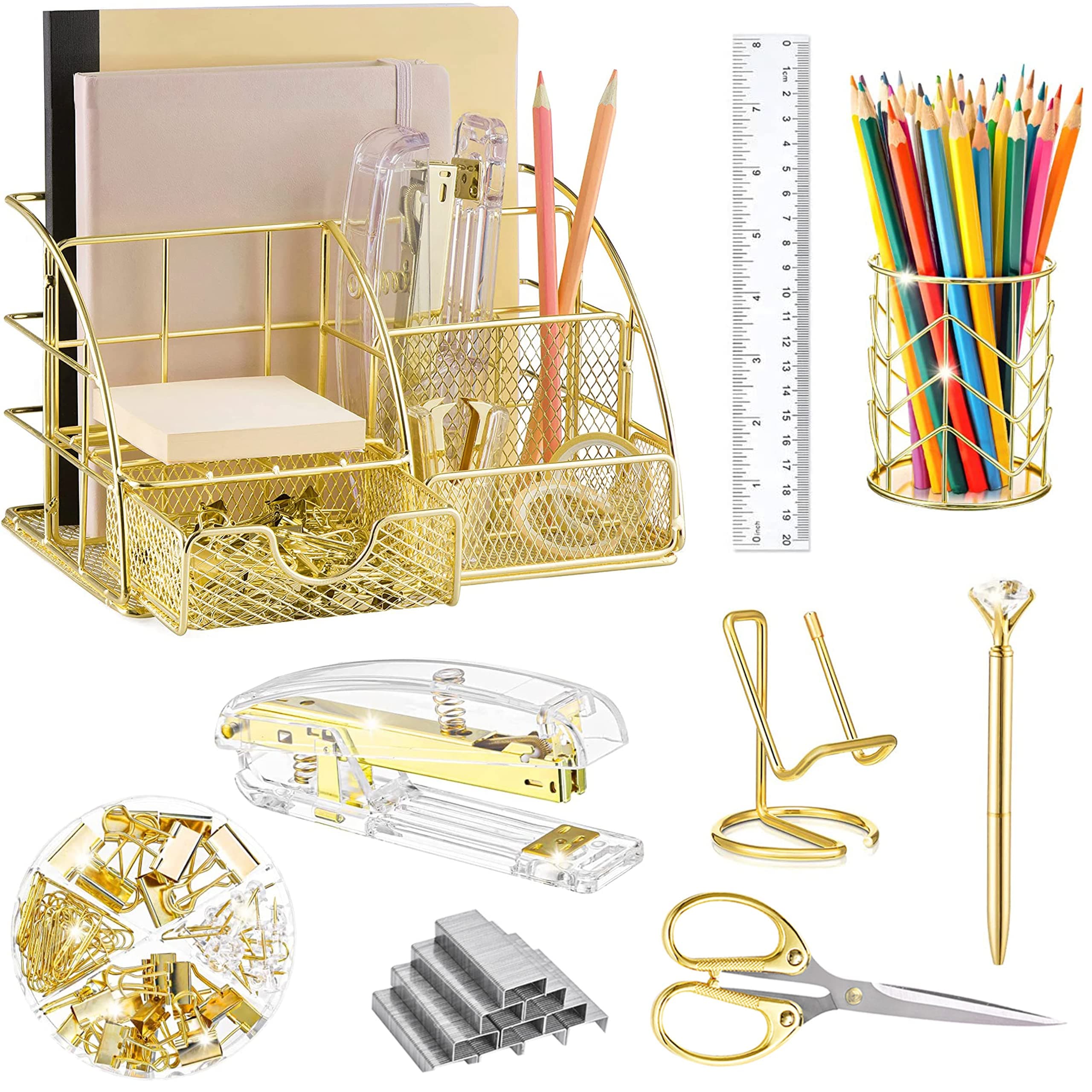 Gold Desk Organizers and Accessories Office Supplies Set Stapler, Pen Holder, Phone Holder, Scissors, Pen, Ruler, 30 Paper Clips, 22 Binder Clip, 20 Tacks and 1000pcs Staples (Gold)