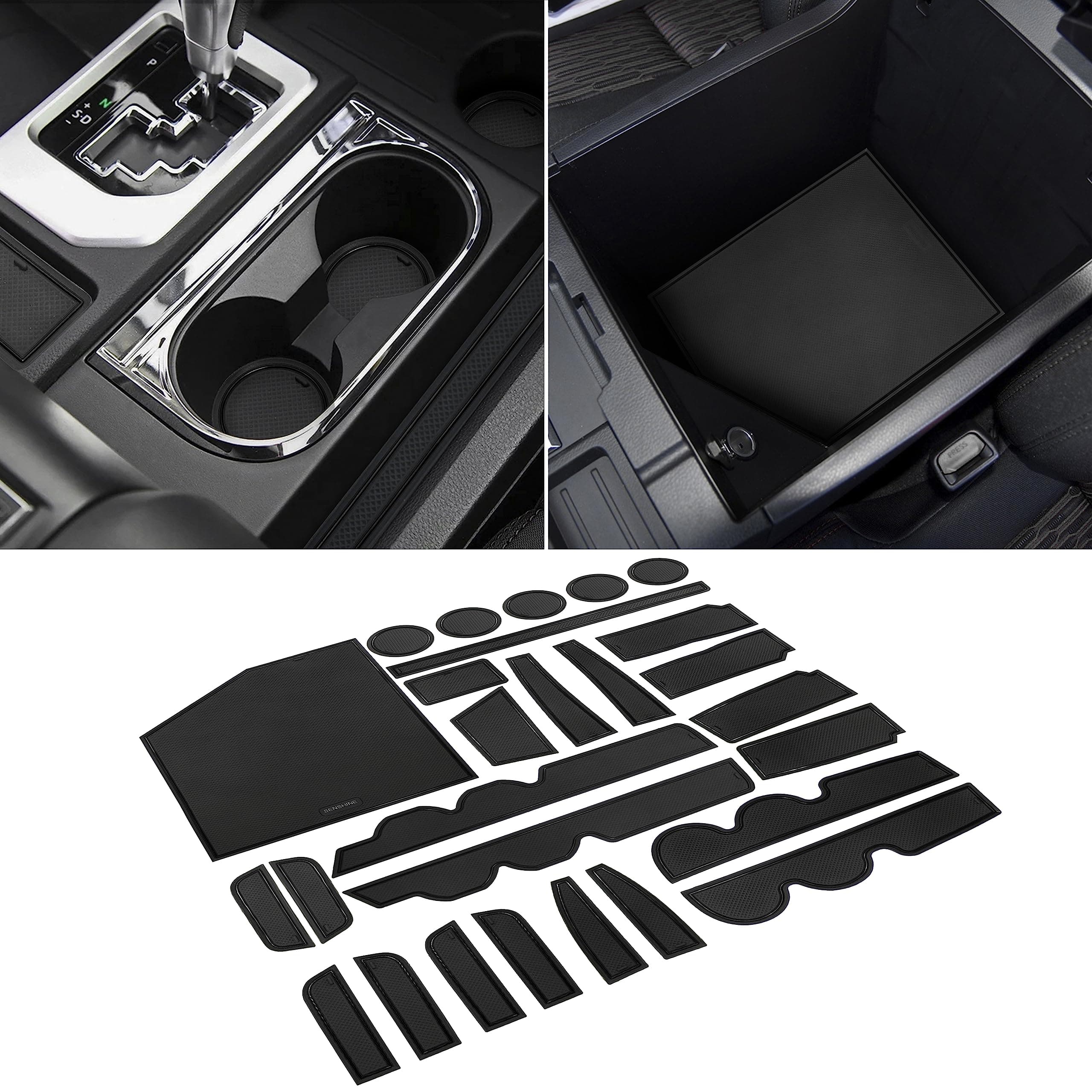 SENSHINE Custom Liners for Toyota Tundra Accessories 2014-2020 2021 Cup Holder Inserts, Center Console Liner Mats, Door Pocket Liners Kit (Bucket Seat, Black Trim)