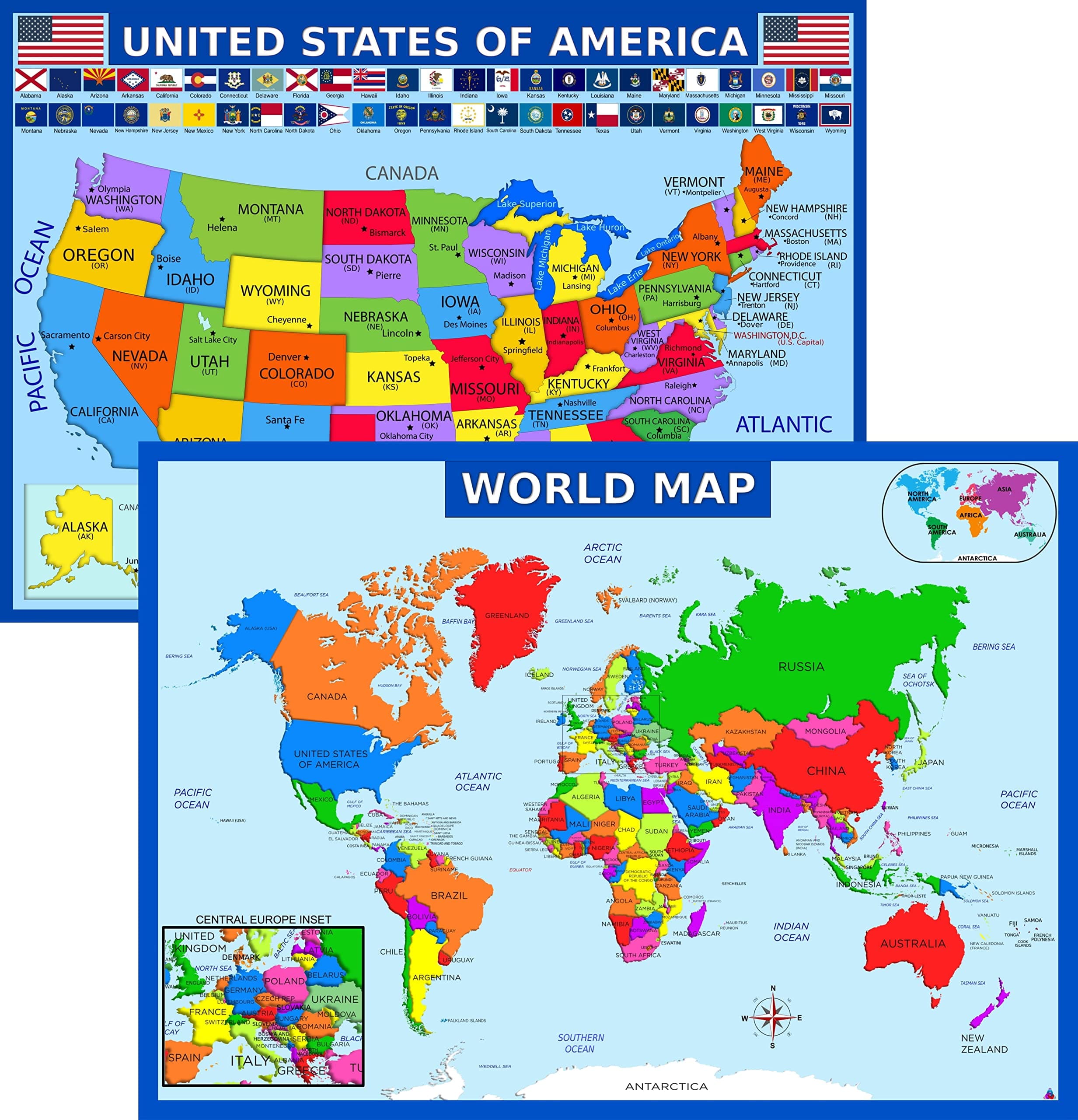 World Map Poster and USA Map with Extra Features - Laminated Educational Poster (14x19.5 in) – Maps for Kids, Classroom Decorations, Preschool and Elementary Learning, Teacher Supplies