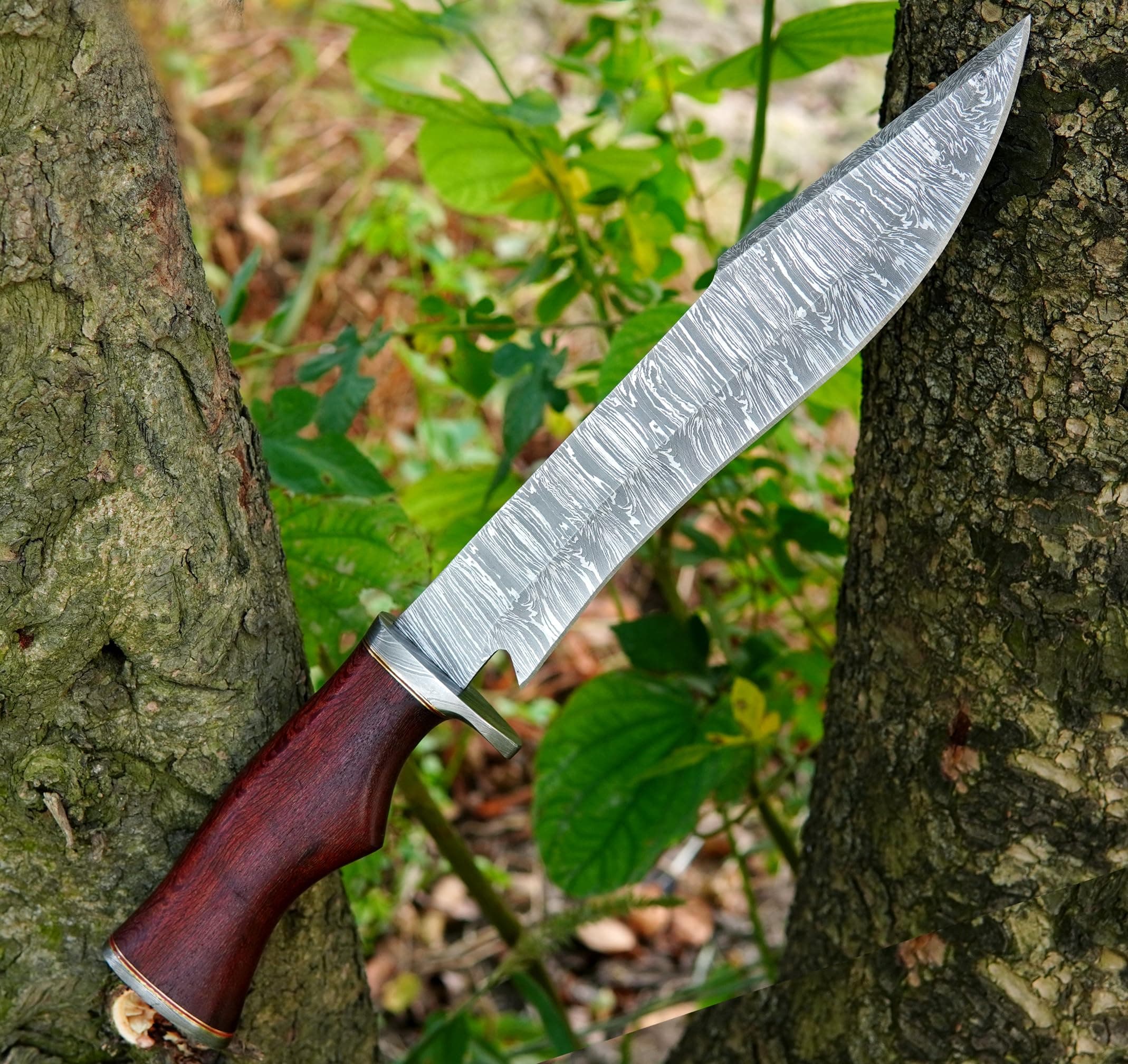 14″ Handmade Damascus Hunting Knife with Leather Sheath - Ideal for Chopping, Camping Outdoor - Fixed Blade Bushcraft Large Knife with wood Handle