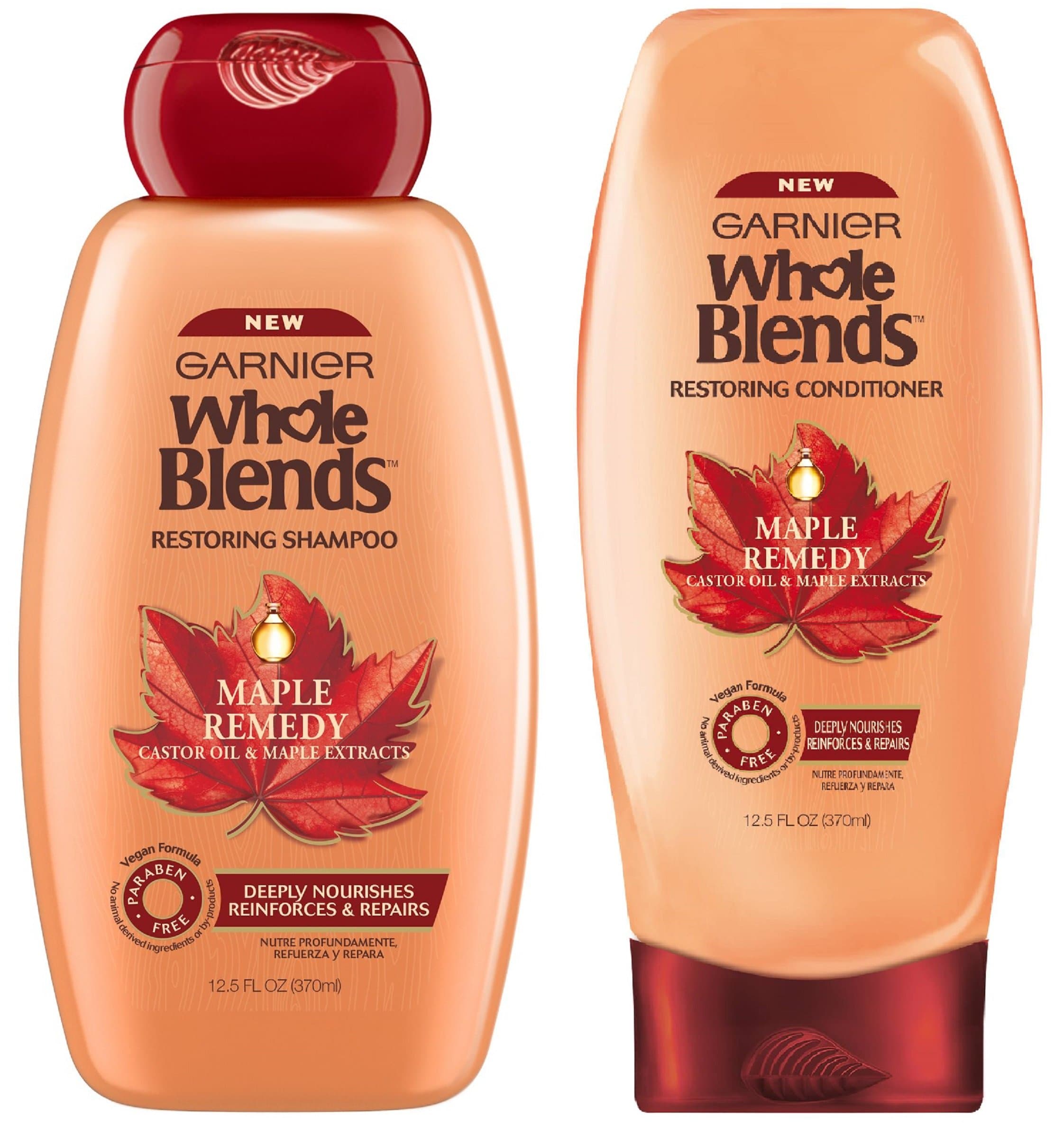 Garnier Whole Blends - Maple Remedy - Paraben Free Vegan Formula - Shampoo & Conditioner Set - Net Wt. 12.5 FL OZ (370 mL) Per Bottle - One Set