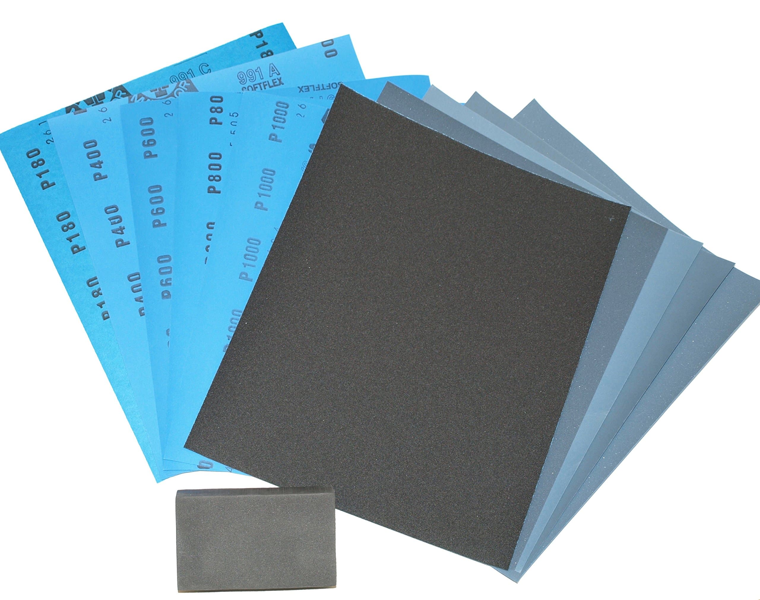 Wet and Dry Sandpaper Kit 180/400/600/800/1000 with Sanding Block. 10 Sheets Mixed Grits. Equal Amounts of Each Grit. Silicon Carbide Abrasive Waterproof Paper.