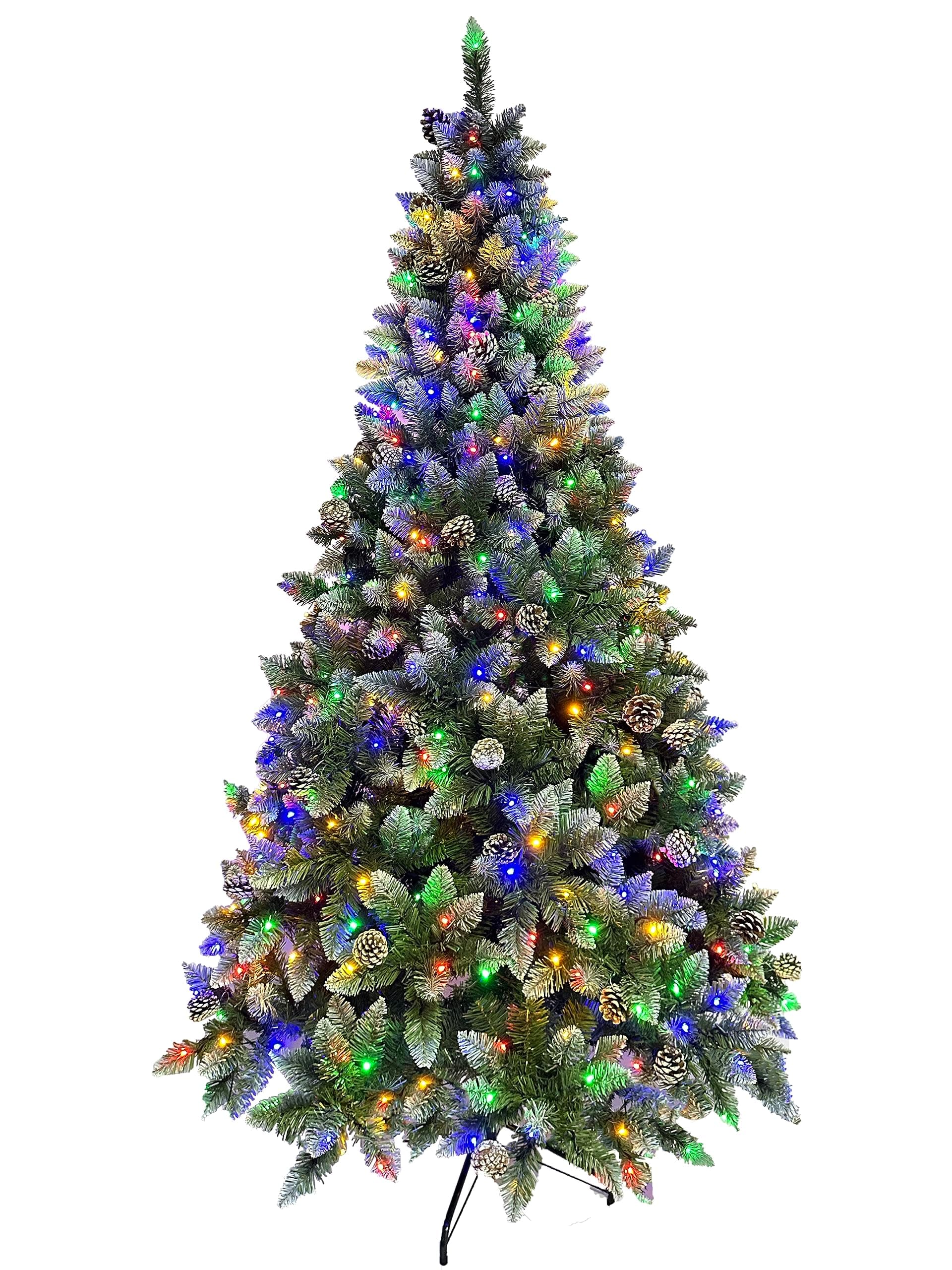 7ft Prelit Artificial Hinged Christmas Tree with 500 Multi-Color Lights, 1146 Branch Tips and Foldable Metal Stand, Perfect Choice for Xmas Decoration