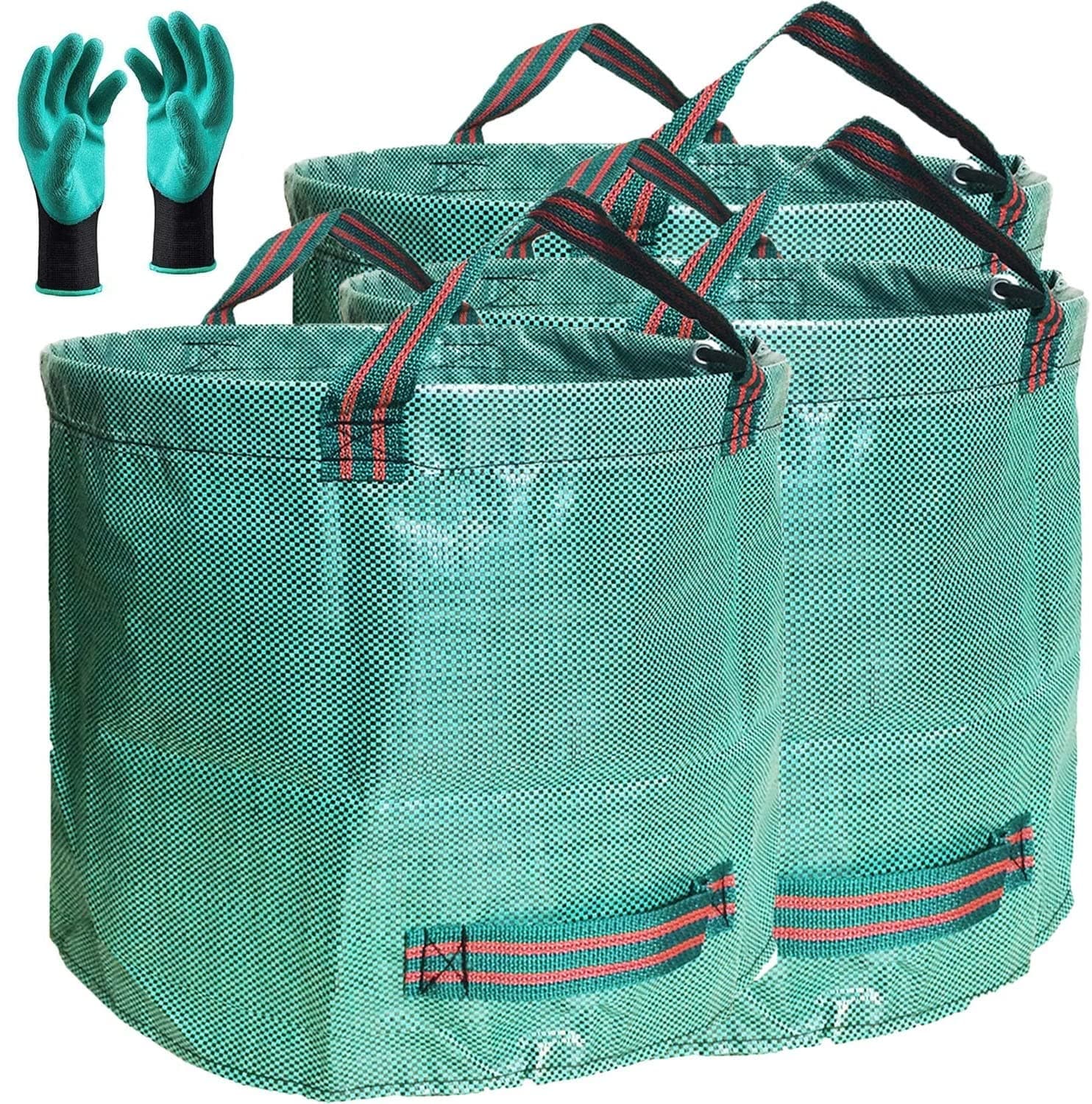 Professional 3-Pack 80 Gallons Lawn and Yard Garden Leaf trash Bag with Coated Gardening Gloves - XXXX Large Reuseable Heavy Duty Gardening Bags Lawn Pool Bags Garden Leaf Waste Bags - with 4 Handles