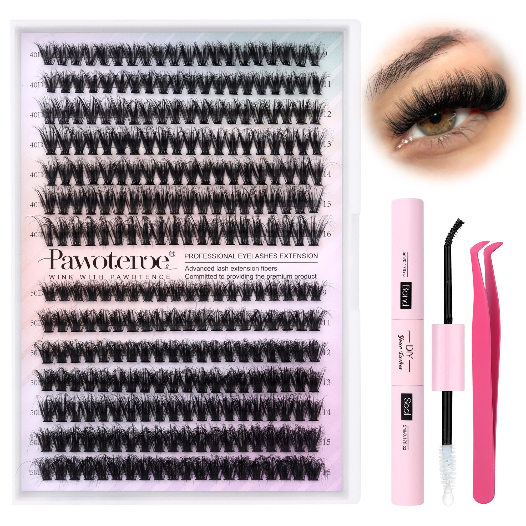 Pawotence Lash Extension Kit DIY Fluffy Individual Lash Clusters Kit D Curl with Lash Bond and Seal and Lash Applicator, 9-16mm Clusters Eyelash Extension Kit at Home (Fluffy 40D+50D-9-16MIX KIT)