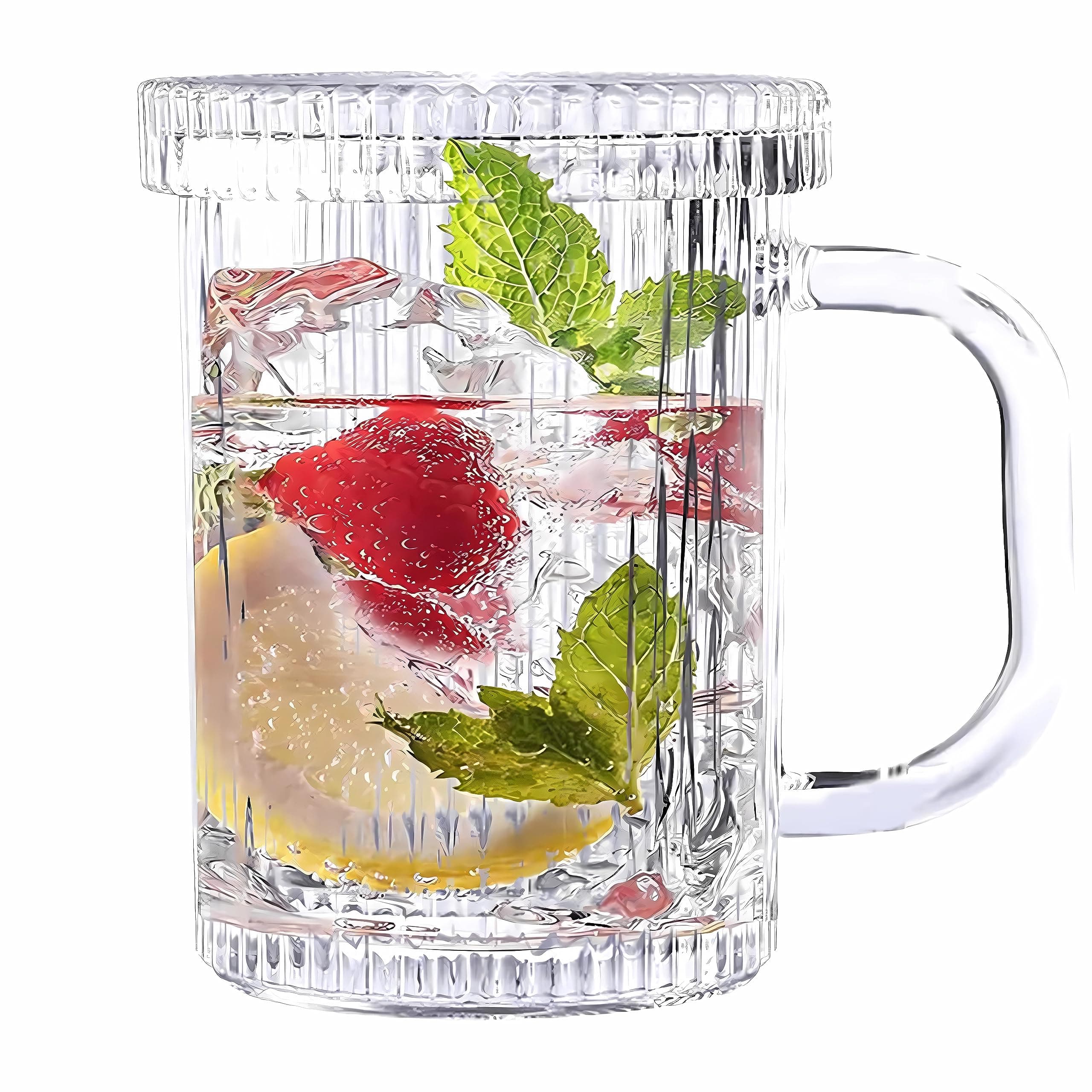 Clear Glass Coffee Mug Classic Vertical Stripes Tea Mug Elegant Coffee Cup with Glass Lid for Latte, Espresso Lovely Gift for Christmas, Anniversary and Birthday 350ML