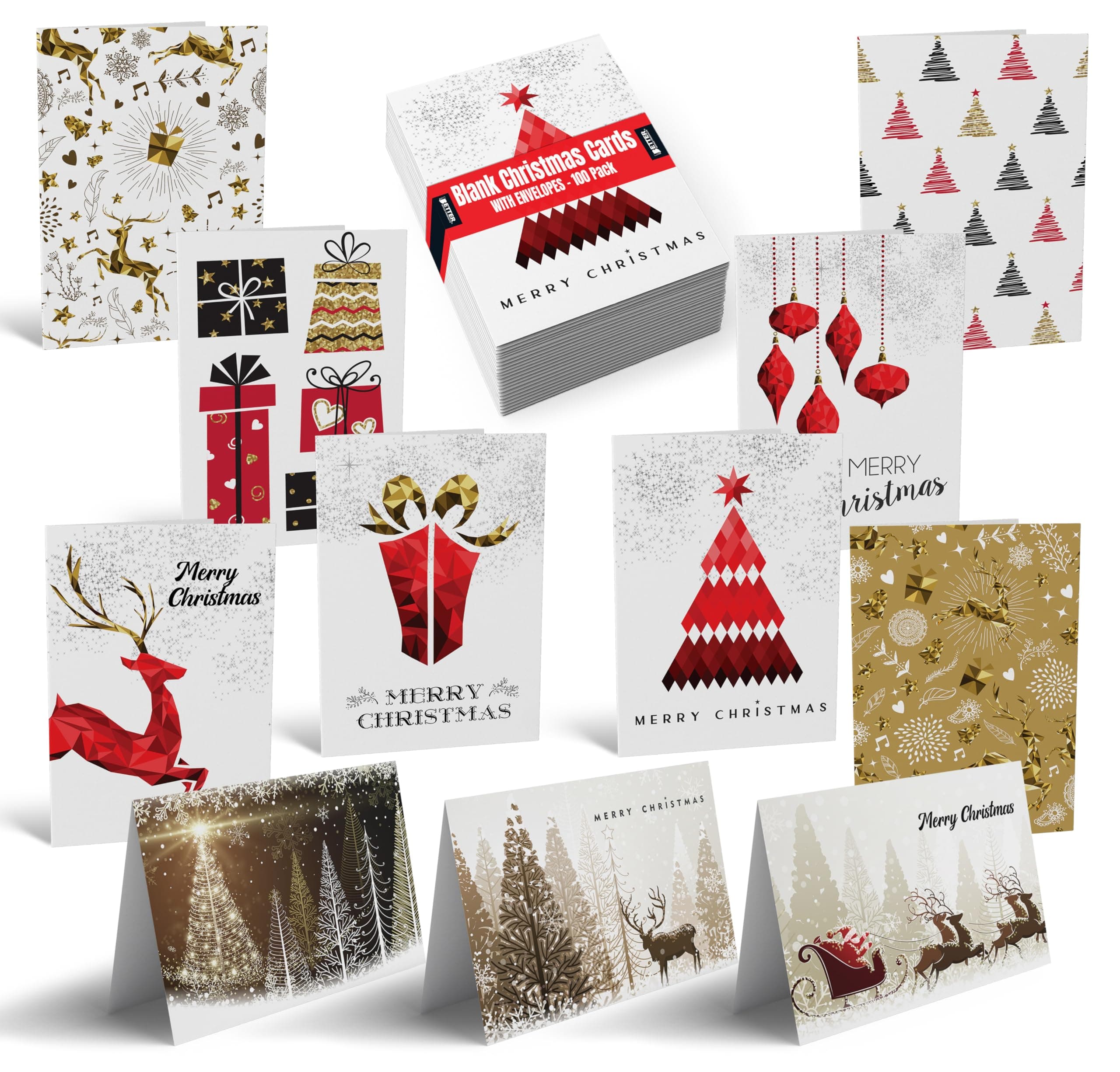 Better Office Products Christmas Holiday Greeting Cards with Gold and Metallic Foil, 100 Pack, 4 x 6 inch, 11 Assorted Designs with 3-D Prism Effect, Blank Inside, with Envelopes,100 Christmas Cards