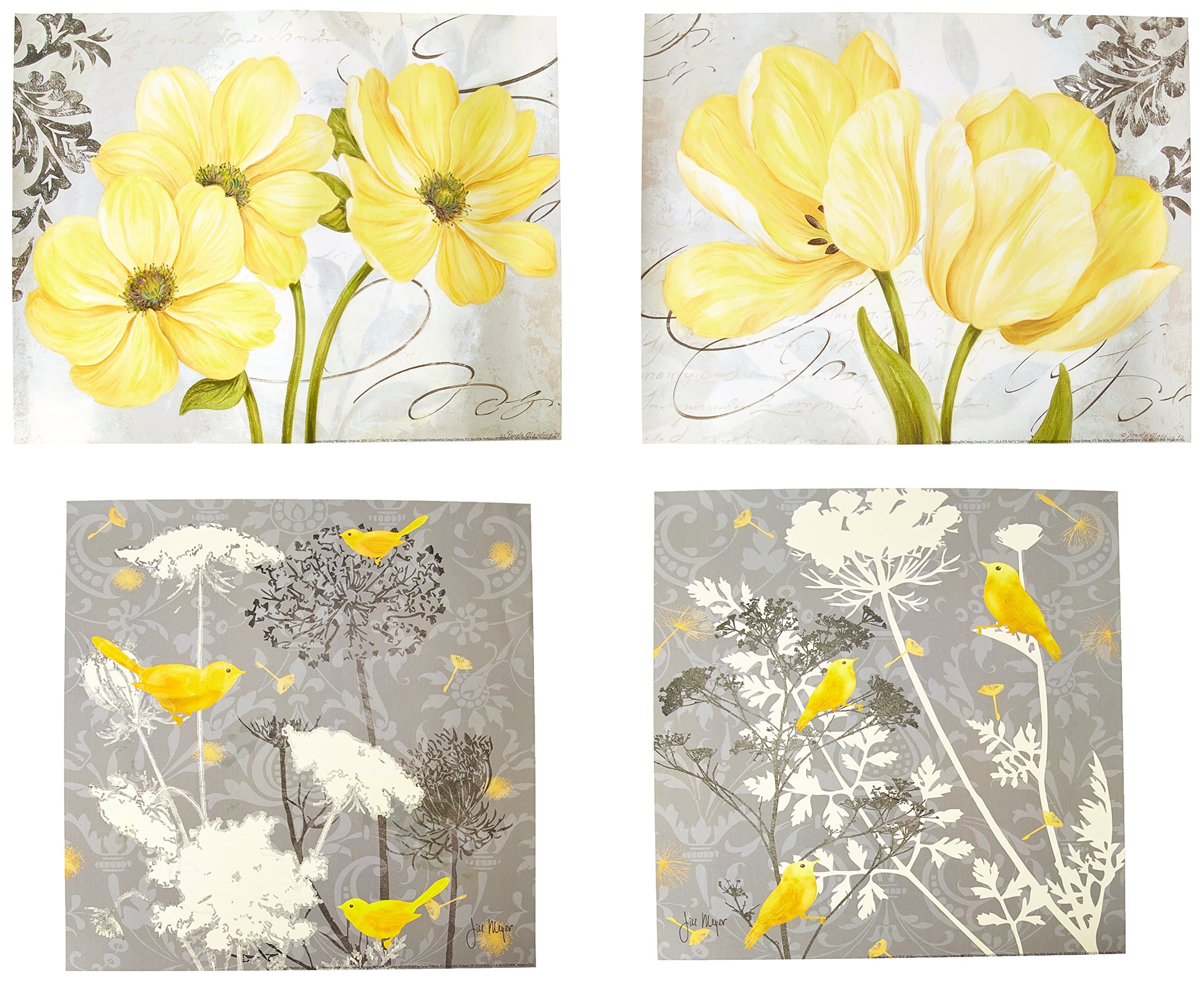 DEFLECTAIR Beautiful Grey & Yellow Poster Set; Birds and Flowers; Two 12x12in and Two 14x11in Unframed Poster Prints