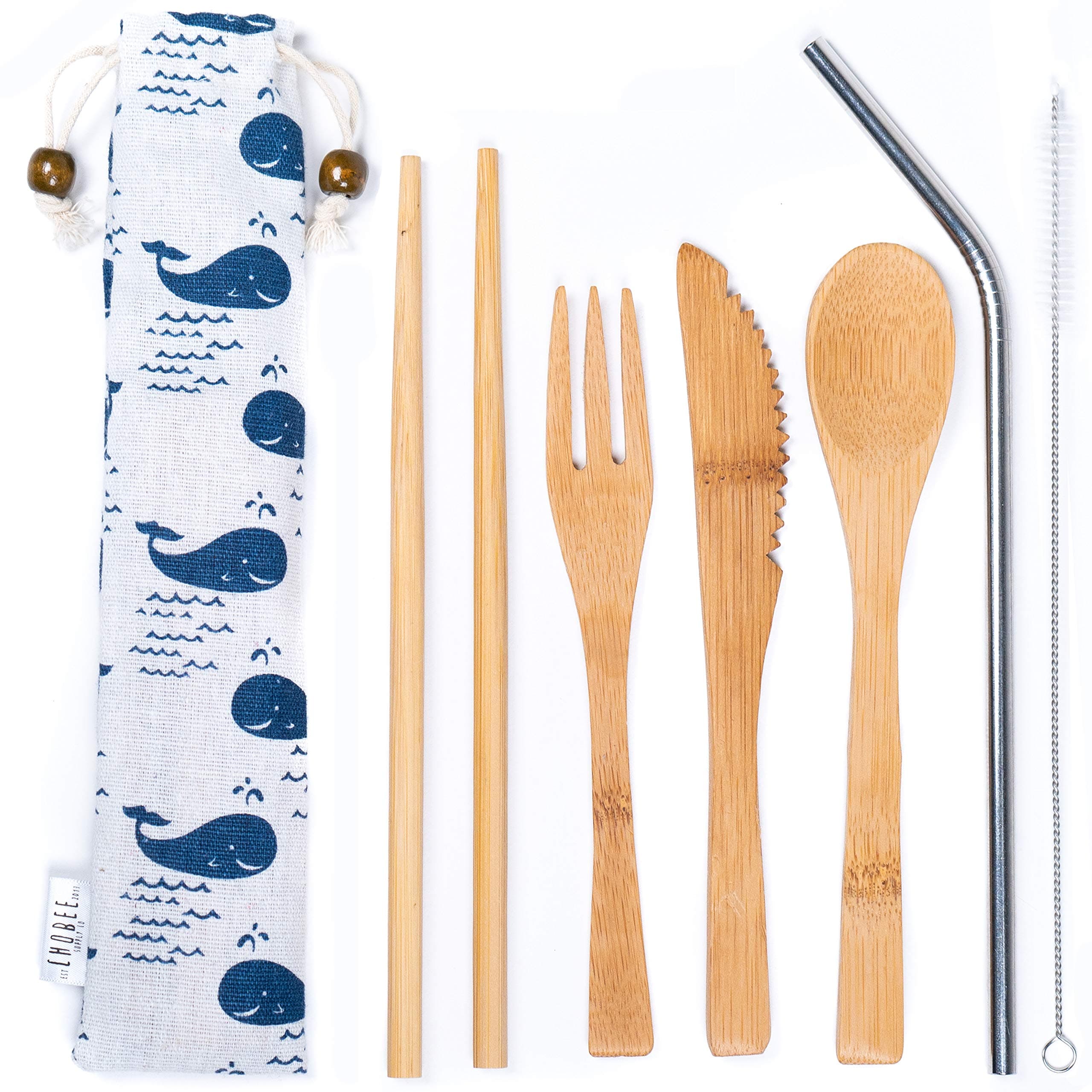 Bamboo Utensils - Bamboo silverware set - 6 Piece Travel Cutlery Set with Spoons - Forks - knives - chopsticks - Reusable Straw, Bamboo Flatware Set with Case - Travel Utensils - Eco friendly cutlery