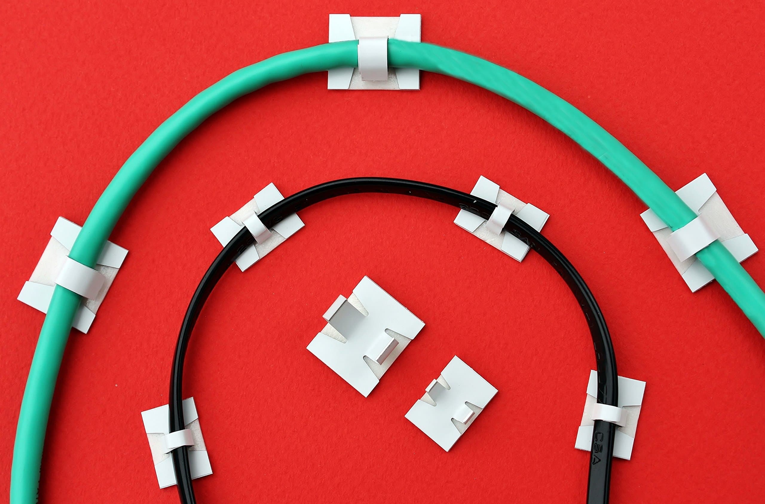 WHITE gloss coated aluminium self-adhesive cable clips - 10 SMALL open arm/modem clips for indoor use