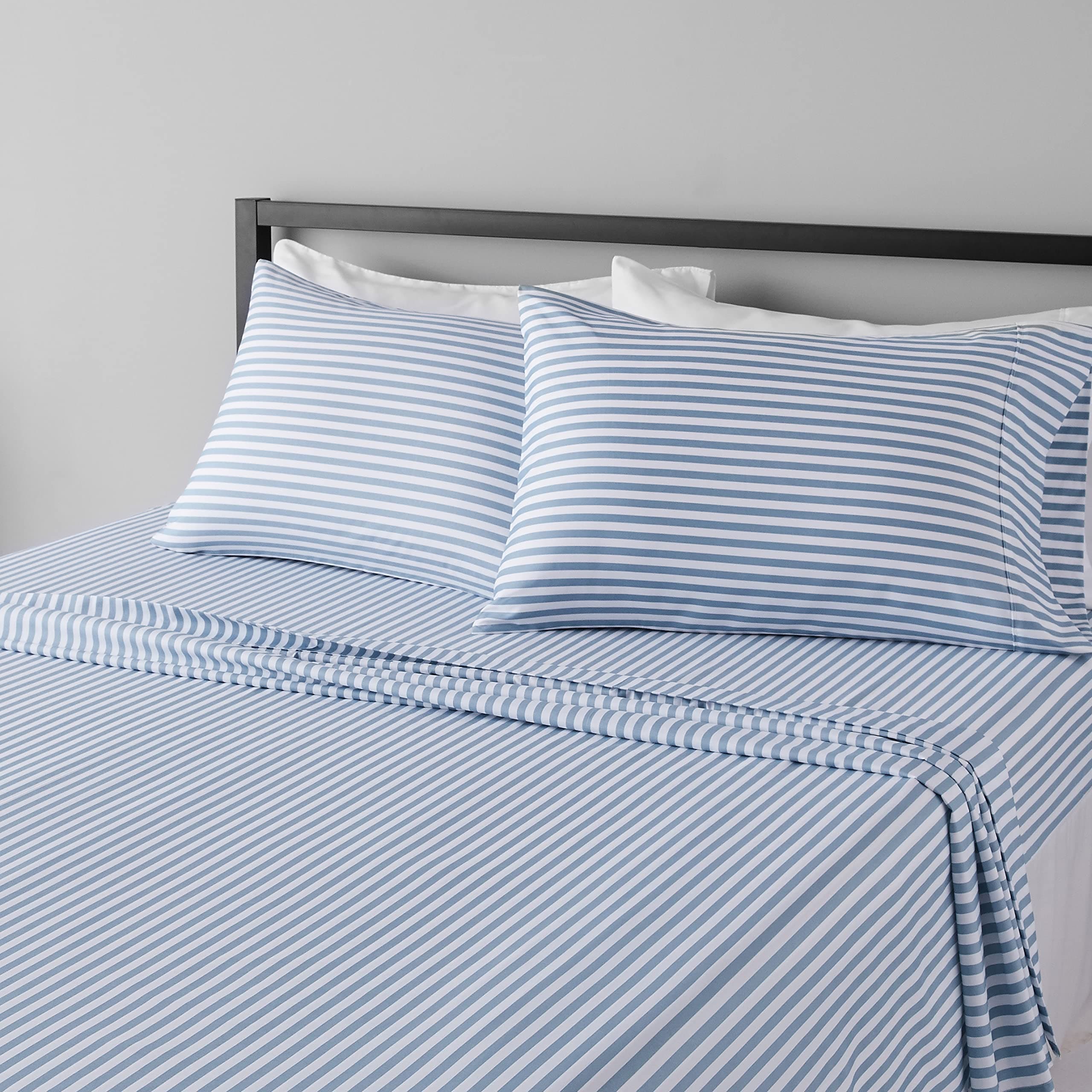 Amazon Basics Lightweight Super Soft Easy Care Microfiber Bed Sheet Set with 14โ Deep Pockets - Queen, Dusty Blue Pinstripe