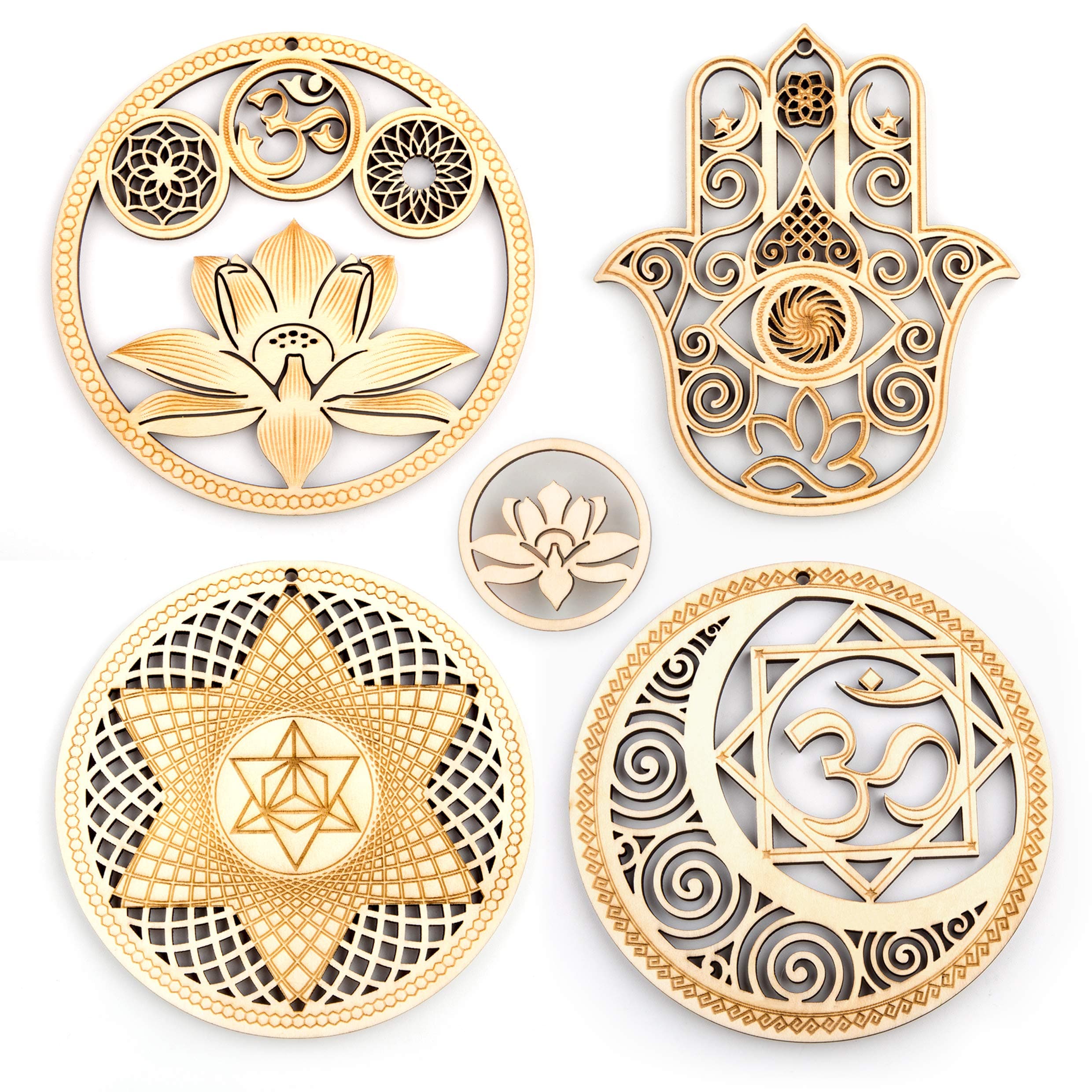 5.31" Sacred Geometry Wall Art 4 PCS Set, (Sacred Lotus, Hamsa Hand, Soul Star, Union Sun Moon) Crystal Grid Meditation Chakra Wooden Wall Art Yoga Decor Spiritual Gifts