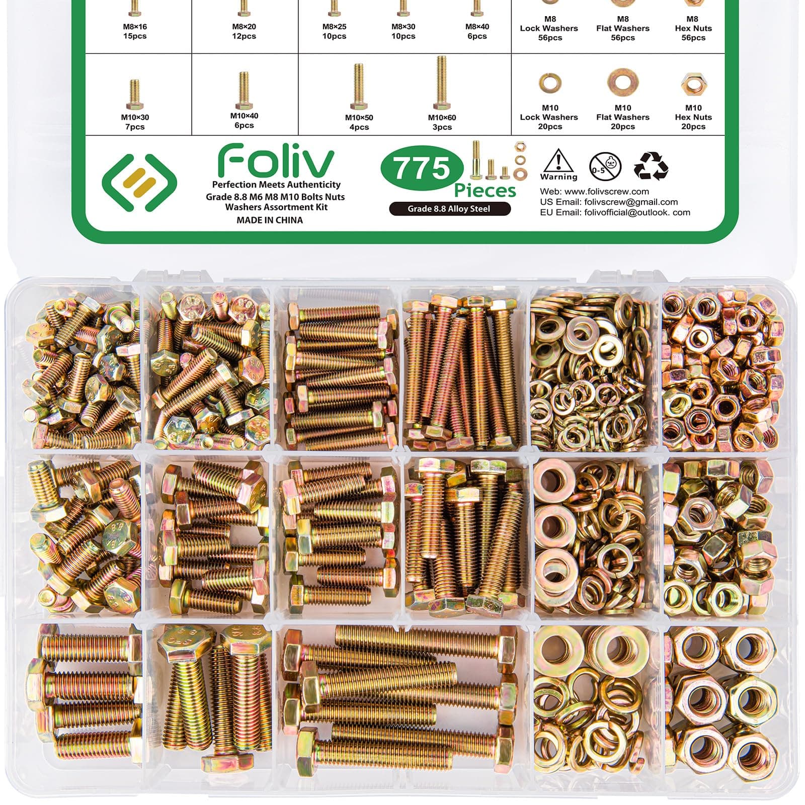 Foliv775PCS Grade 8.8 M6 M8 M10 Bolts and Nuts Assortment Kit, Heavy Duty Metric Hex Bolts Nuts Washers Kit, 16 Common Sizes Included
