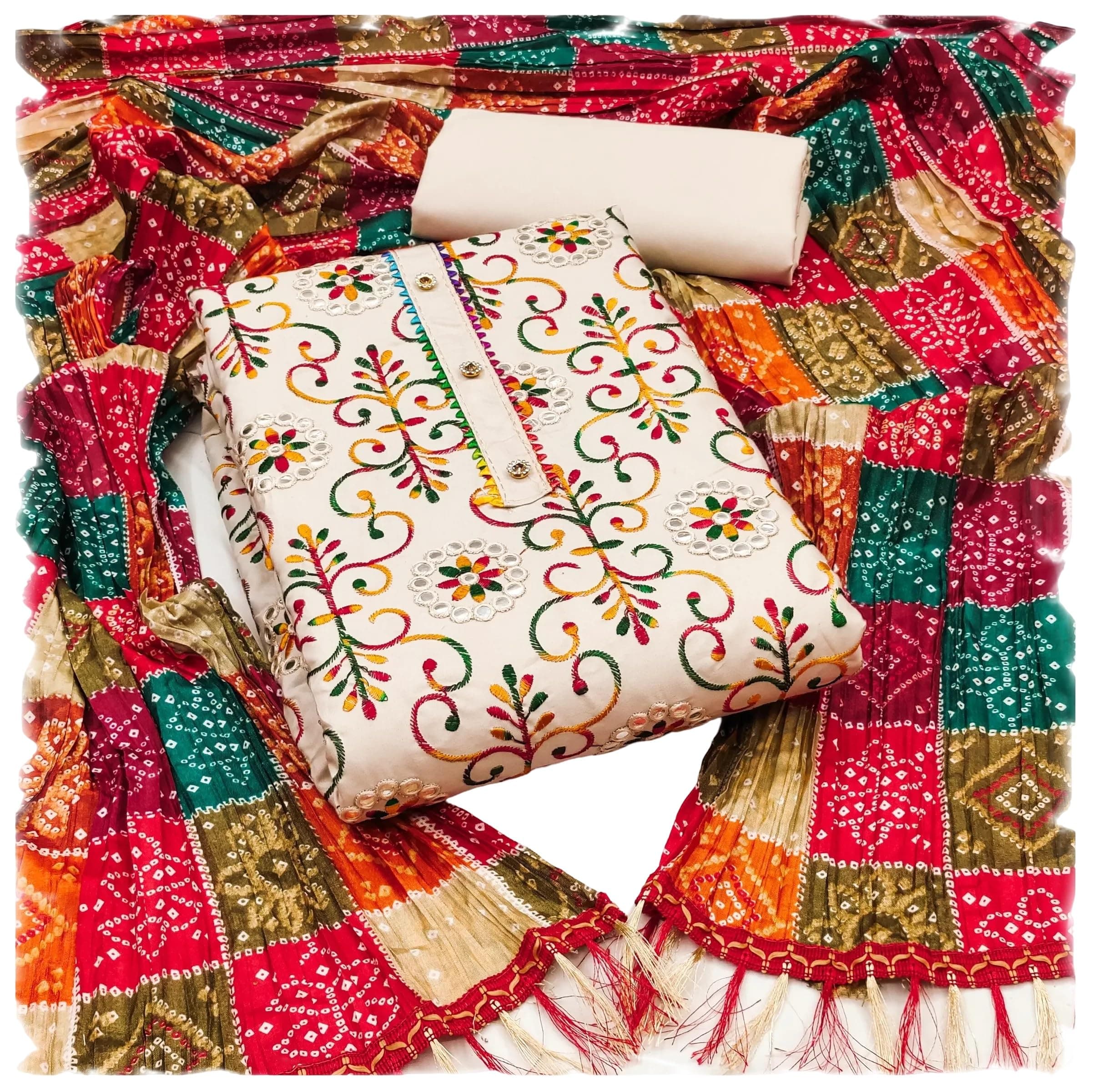 Sidhidata Women's Heavy Cotton Embroidery Work Unstitched Salwar Suit Dress Material With Bandhej/Bandhani Print Dupatta (Free Size)