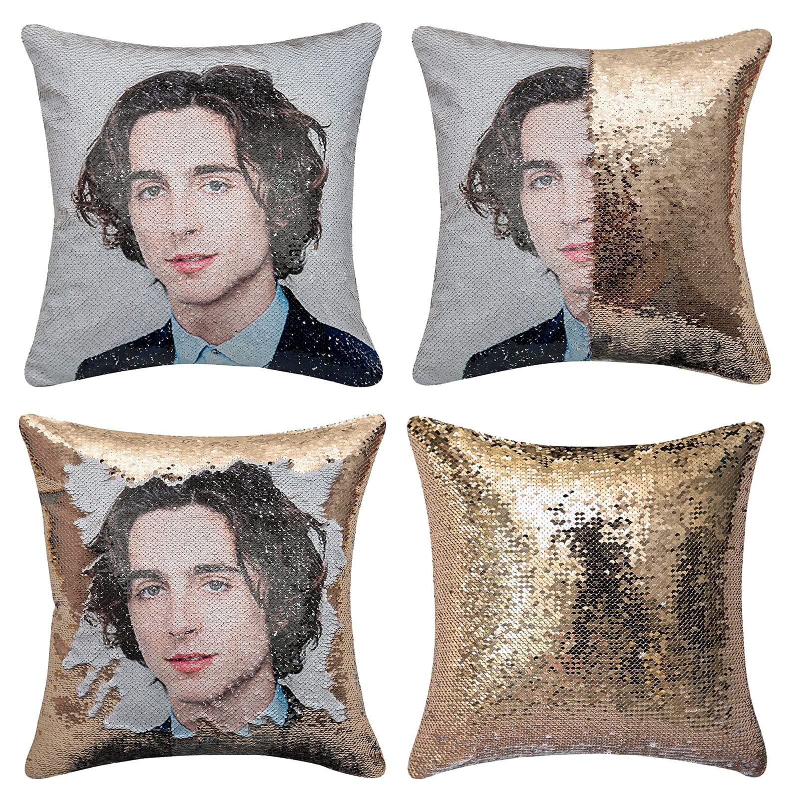 Jiamos Timothee Chalamet Sequin Pillow Covers Funny Gag Gifts for Her Him Magic Reversible Mermaid Throw Pillow Decorative Accent Pillowcase 16x16 inches, no Filler(Champagne Gold)
