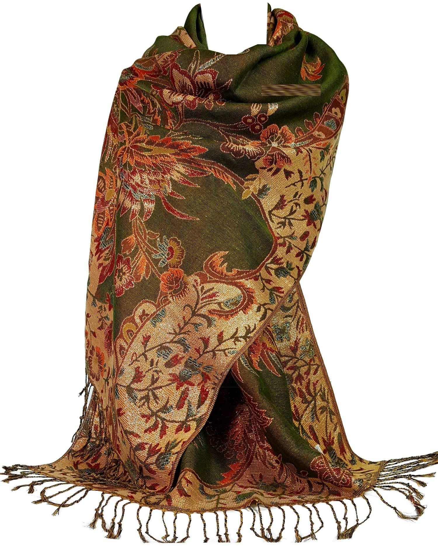GFM® SPARKLY with Metallised fibres Floral Pashmina Style Scarf - S16-5FLR-Green - (88) (PASH-5FLR-JTN)