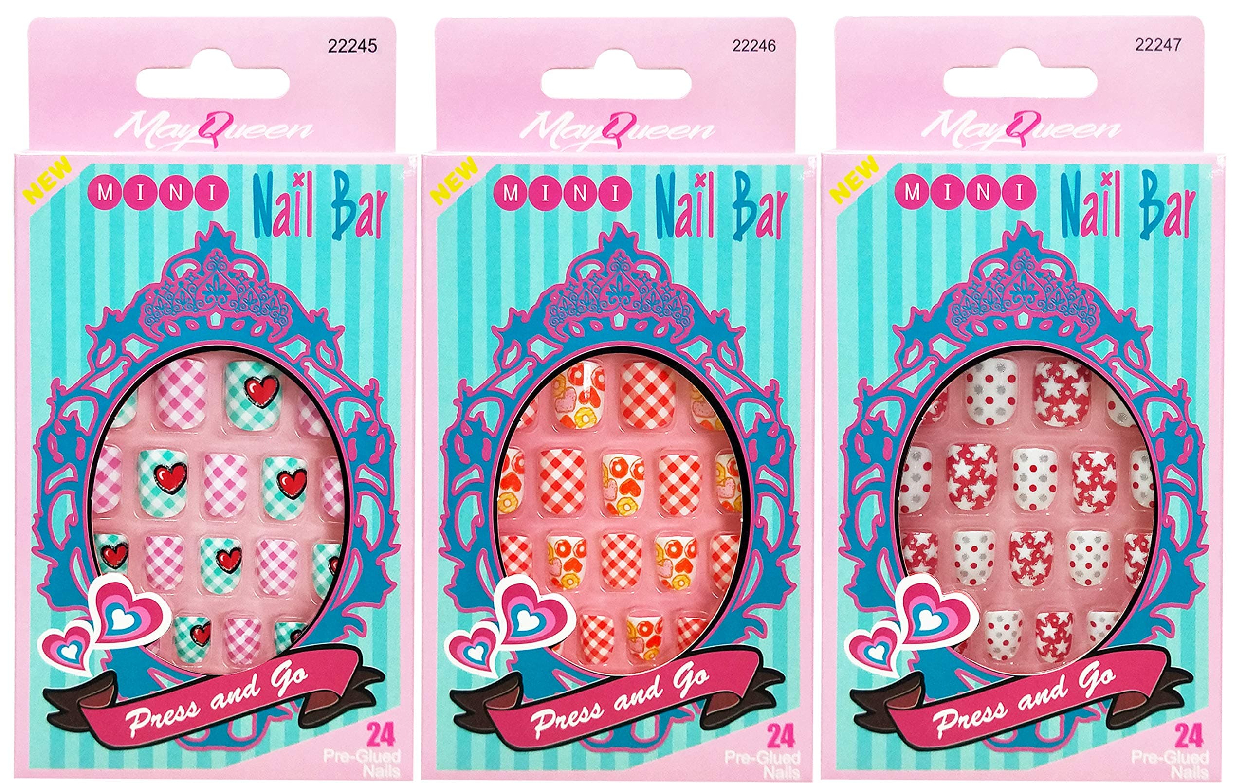 MayQueen 3PACK 72Tips Artificial False Nails Pre-Glued, Mini Fake Art Nail Bar For Kids (Mini 4)