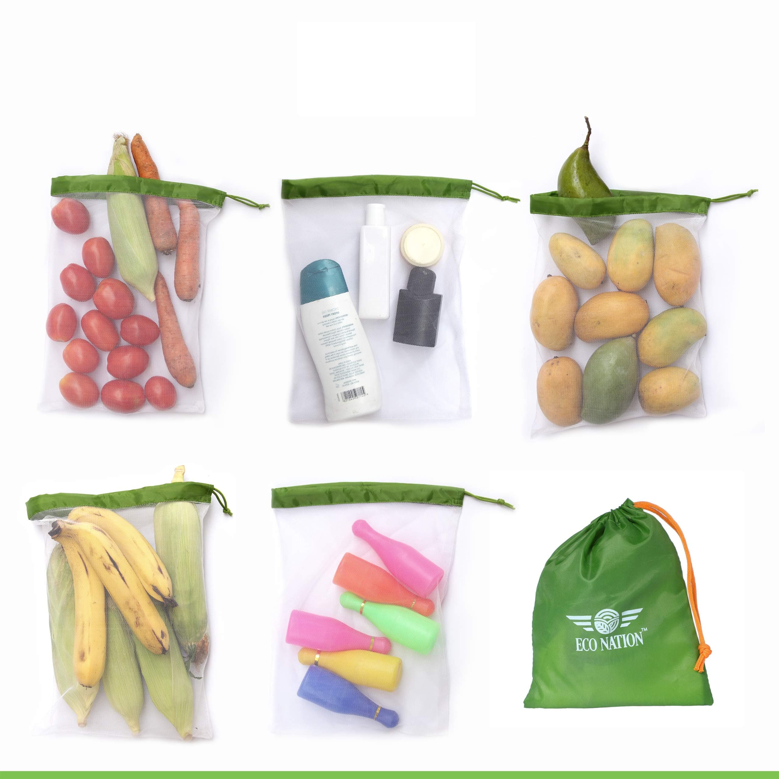 Eco NationEco Nation Multipurpose Mesh Bag Vegetable, Fruit Storage Drawstring Bag | Set of 5 | Made in India