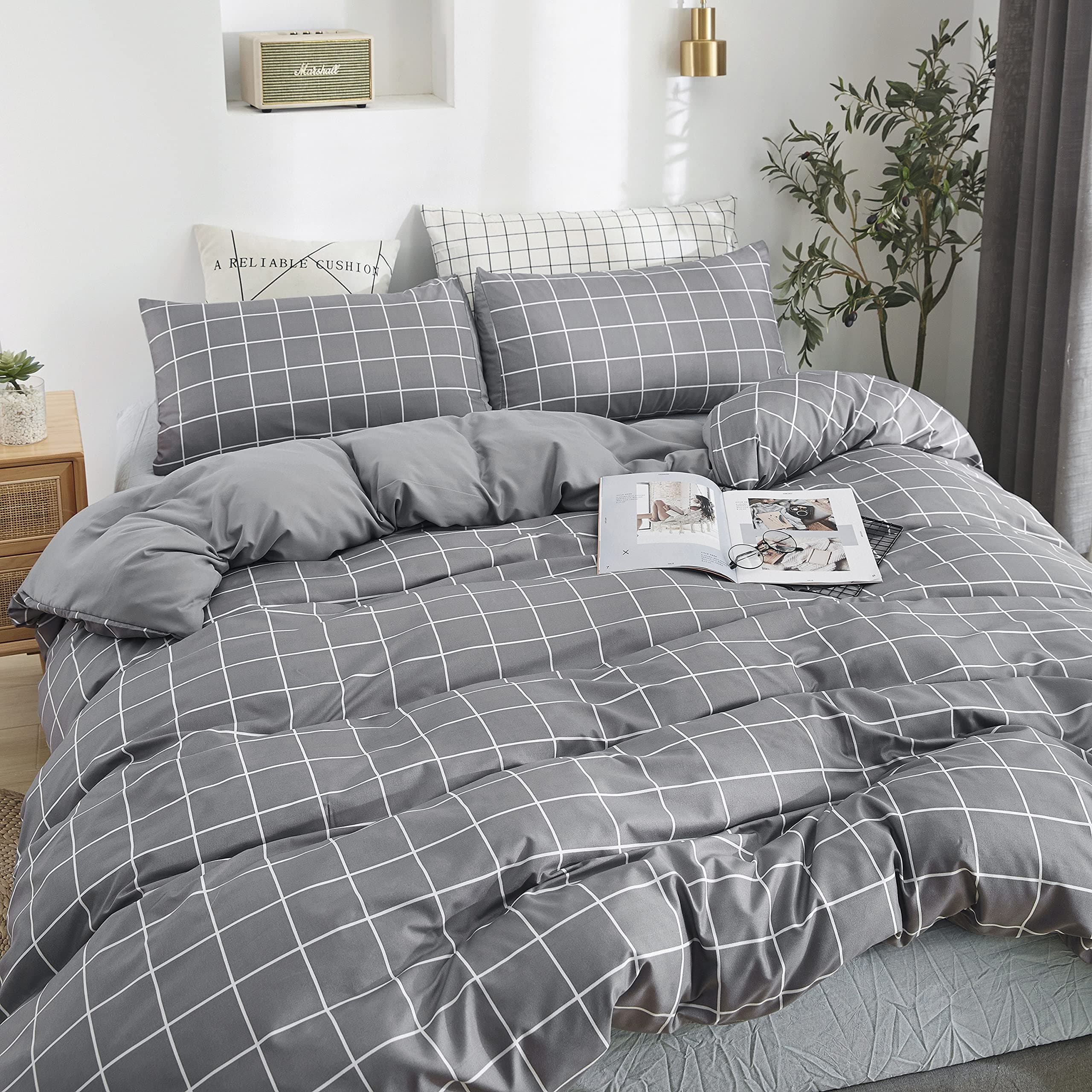 King Bedding Duvet Cover Set, Premium Microfiber,Grey Grid Pattern On Comforter Cover-3pcs:1x Duvet Cover 2X Pillowcases,Comforter Cover with Zipper Closure
