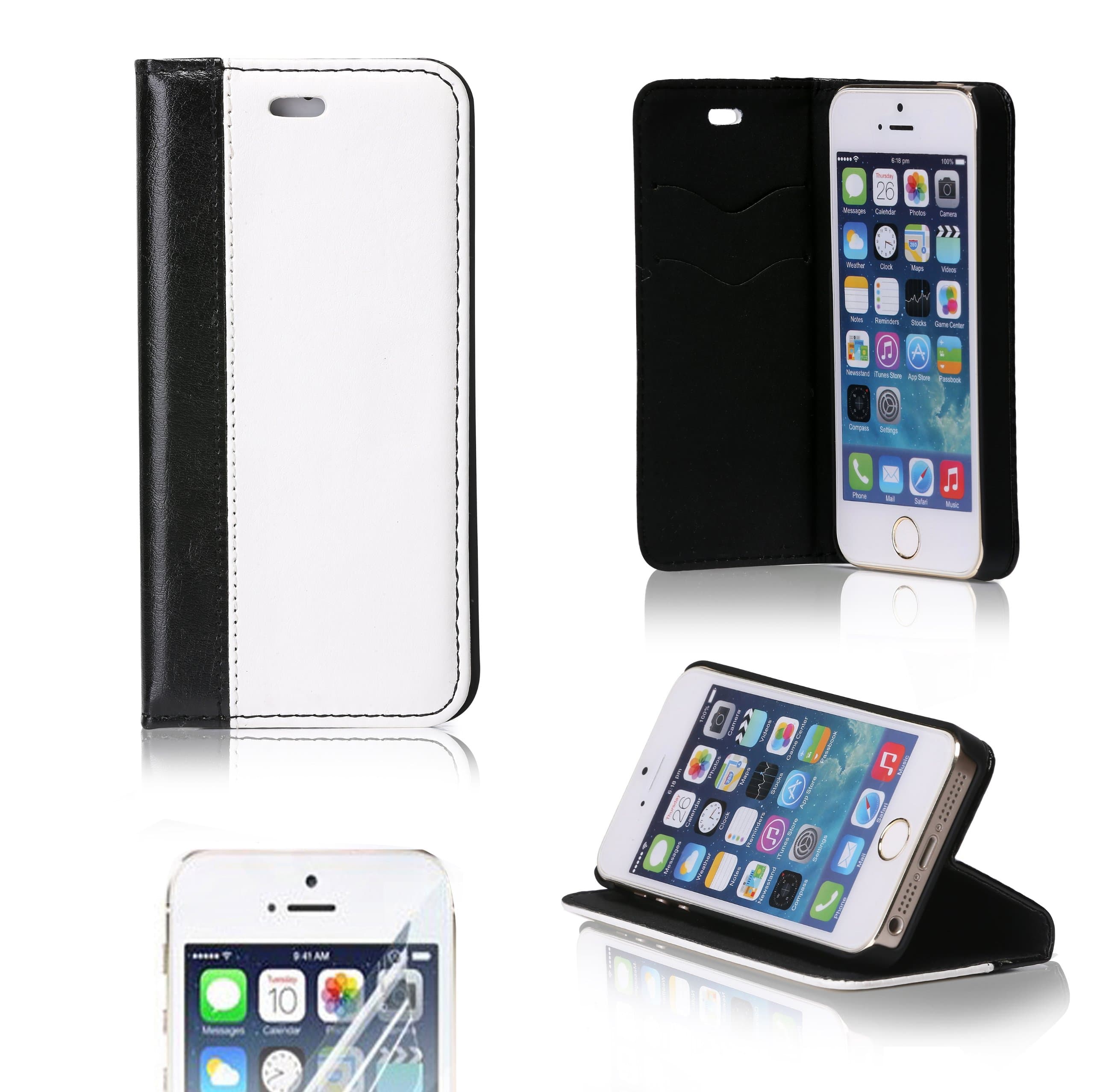 imiGen Signature Leather Wallet Flip Cover Case w/ Card Slots for iPhone 5 / 5S + HD Screen Protector - Stand Feature - Black and White