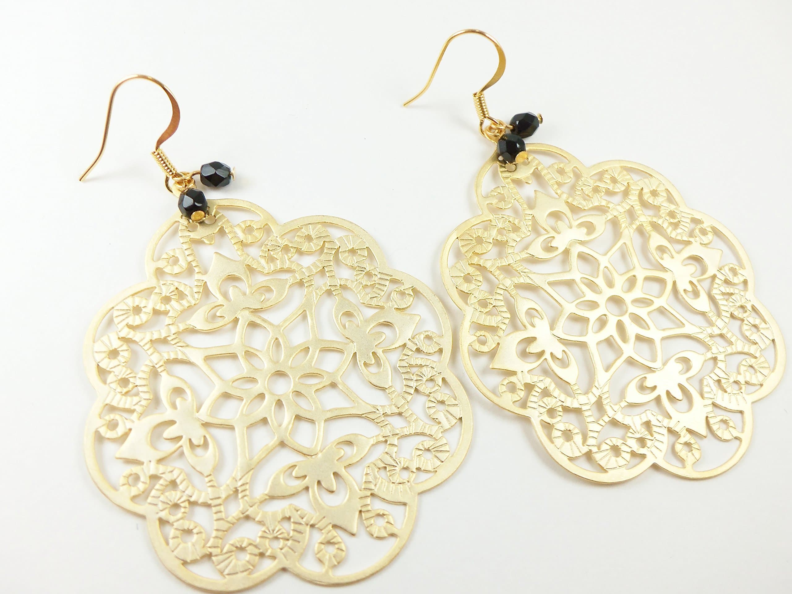 Black Gold Earrings Large Bohemian Dangle Earrings Gold Statement Earrings Filigree Boho Dangle Earrings