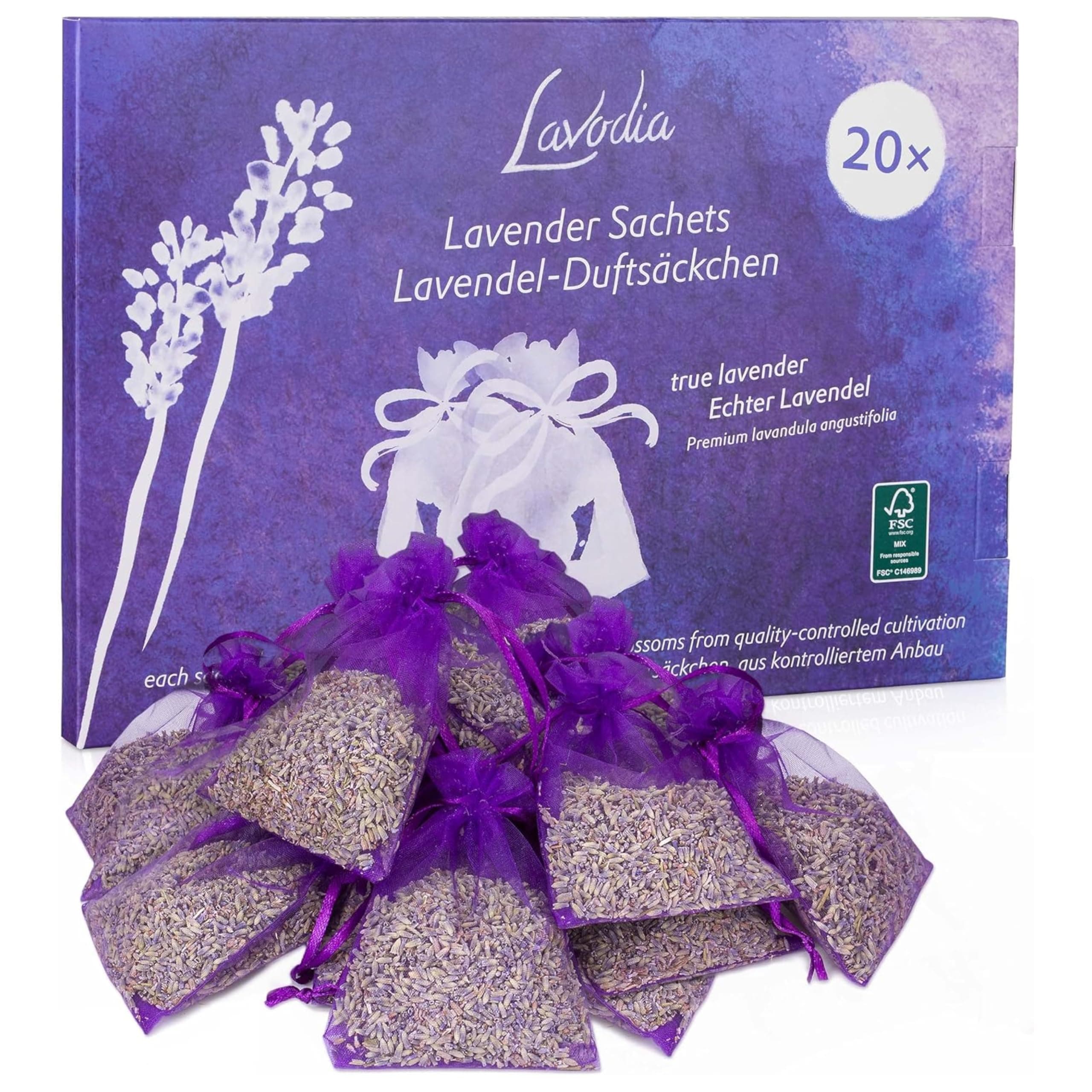 LAVODIA Lavender Scented Sachets Wardrobe: 20 x 6 g Scented Sachets Lavender Dried - Moth Protection for Wardrobe, Car Fragrance, Room Fragrance - Lavender Dried - Lavender Bag