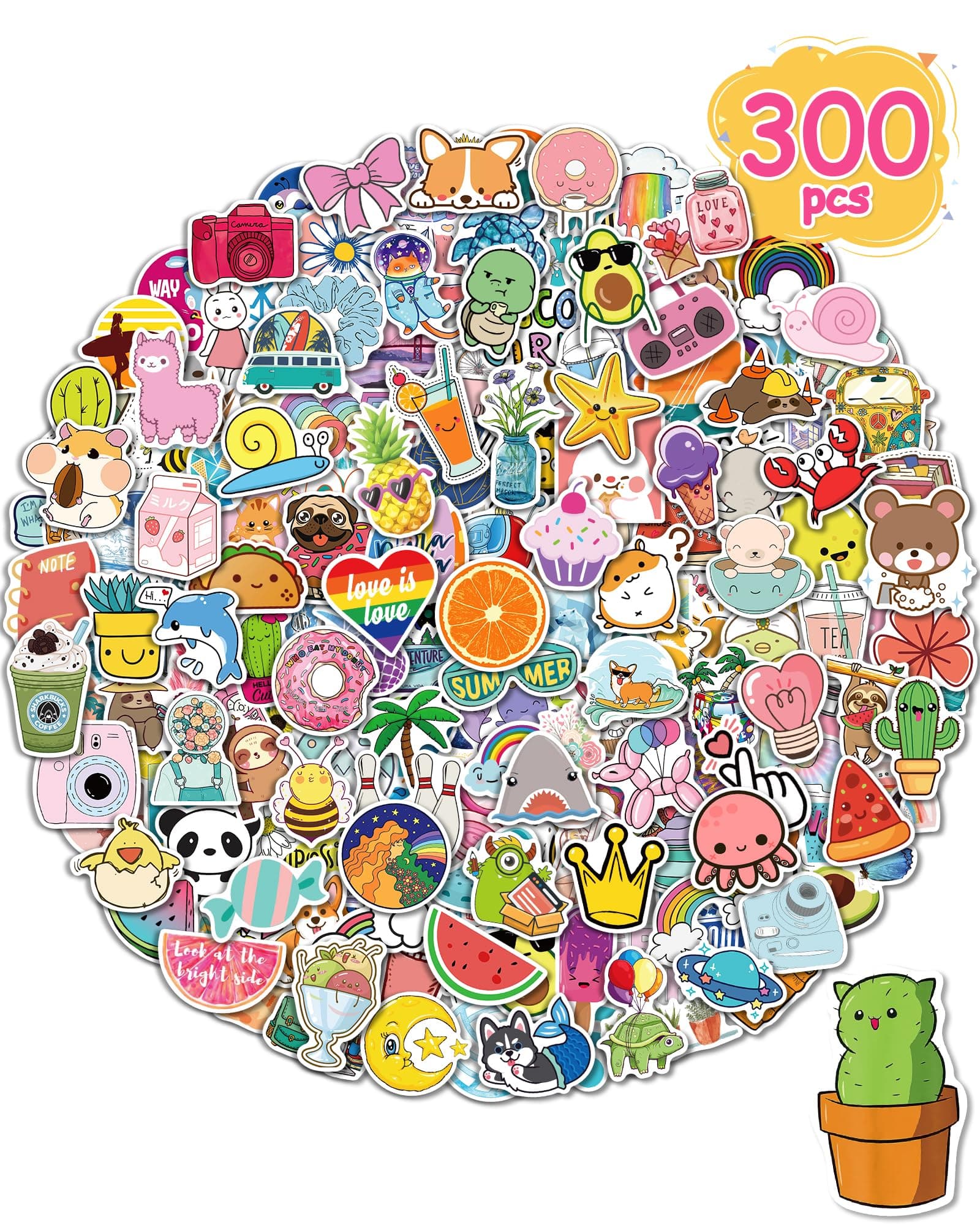 Stickers for Water Bottles, 300 Pcs/Pack Cute Vinyl Waterproof Laptop Sticker for School Students Gifts Supplies Classroom Teachers Prizes Stocking Stuffers Stickers for Kids Girls Teens