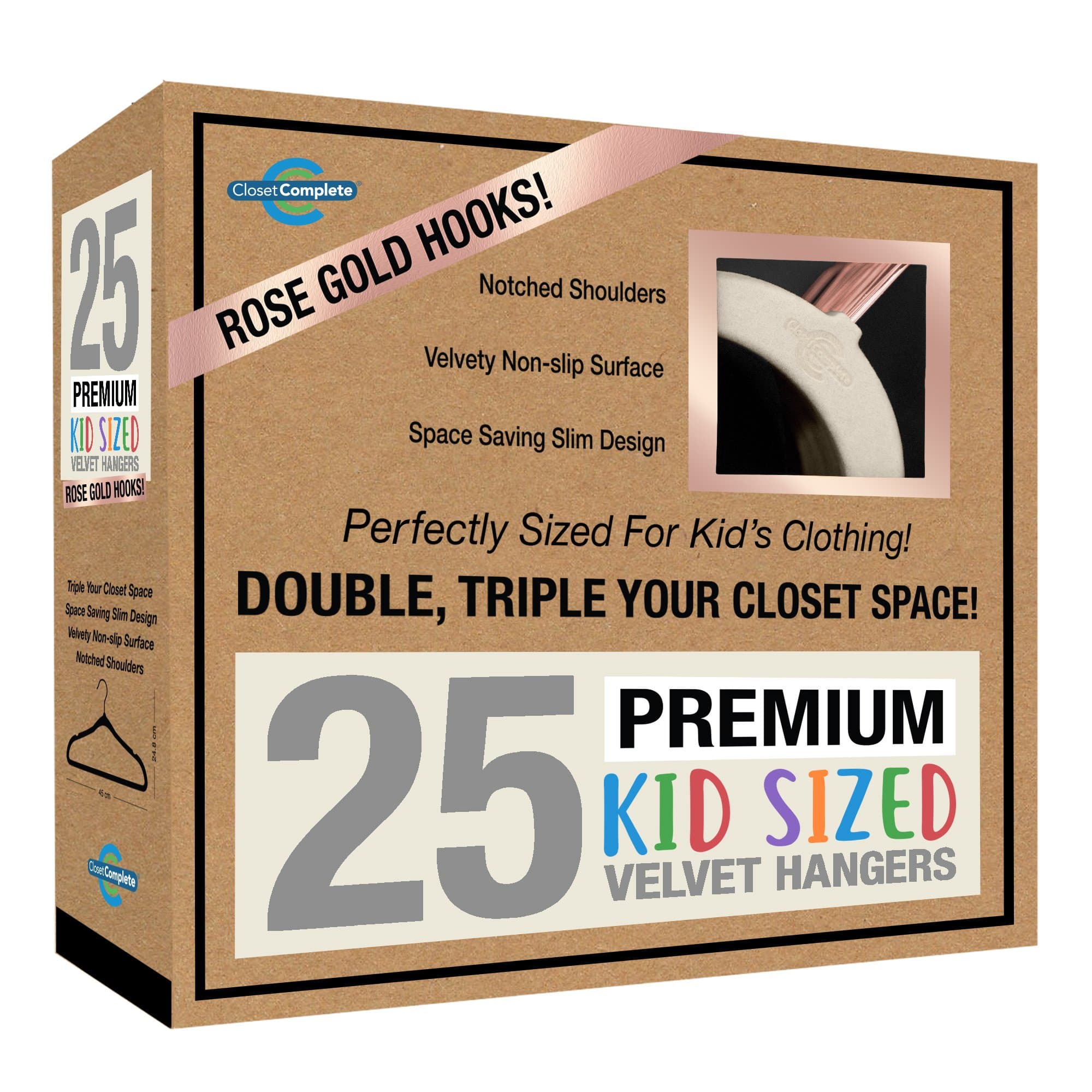 Closet Complete Kids Size, Premium Heavyweight, Virtually-UNBREAKABLE, Velvet Hangers, Ultra-Thin, Space Saving, No-Slip, Best Size For Kids 4-15 years, 360º Spin, Rose Gold Hooks, Ivory, Set of 25
