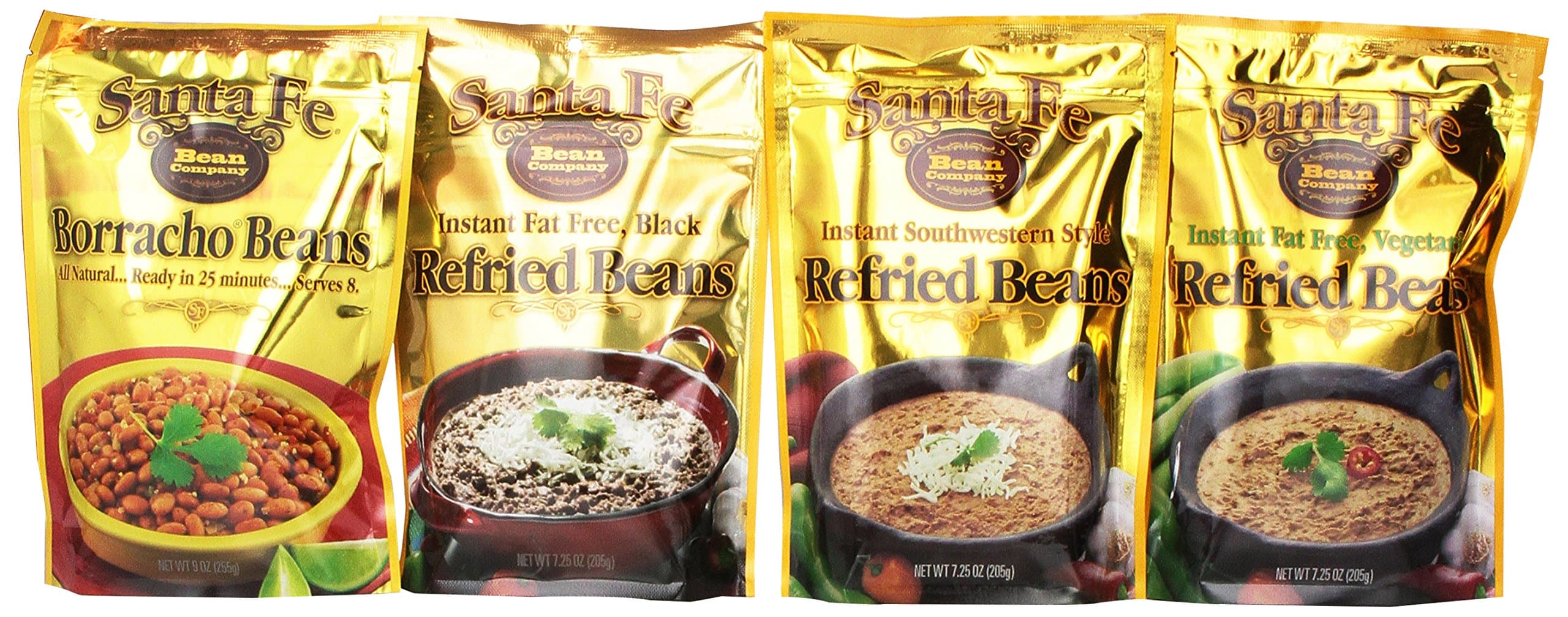 Santa Fe Bean Company Variety (Pack of 8) Instant Bean Variety Pack: Borracho Beans, Fat Free Vegetarian, Black Bean Refried Beans in Pouches for Easy Preparation