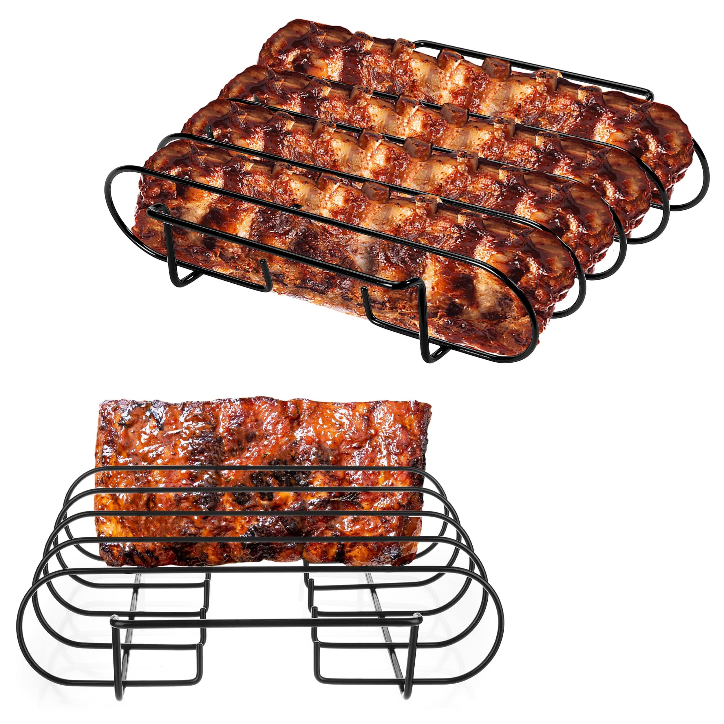 Stainless Steel Rib Rack, Holds Up to 4 Full Racks of Ribs for Smoking, Smoker Rack for Grilling, Nonstick BBQ Rib Rack Stand Holder