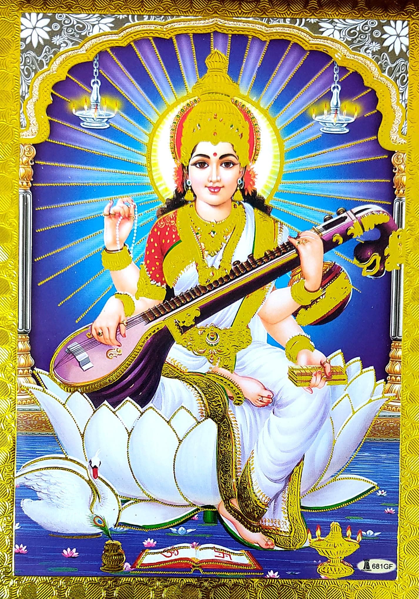 Crafts of India Goddess Saraswati Poster/Reprint Hindu Goddess Picture with Golden Foil (Unframed : Size 5"X7" inches)