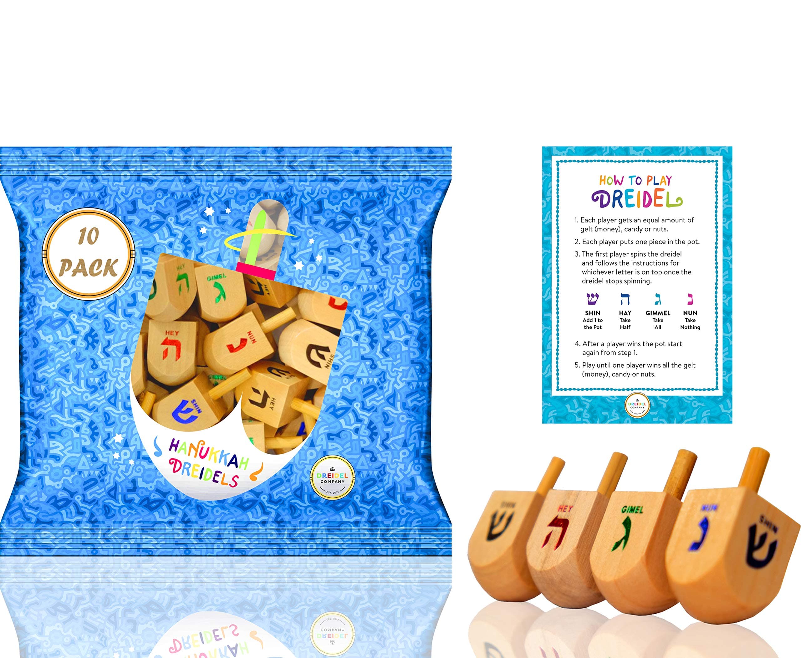 10-Pack Natural Wood Dreidels Hanukkah Draydel with English Transliteration & Instruction Cards